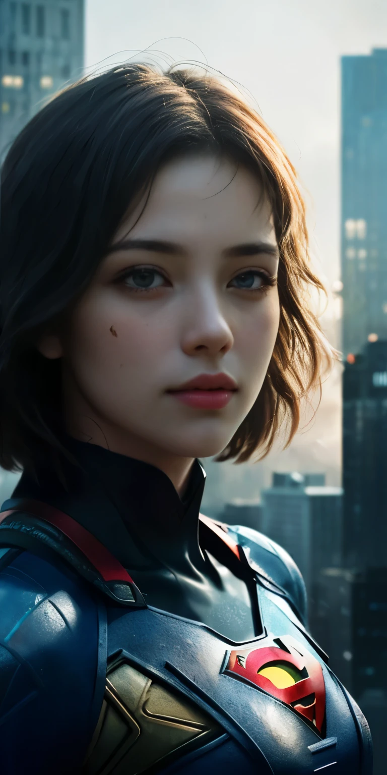 (1 girl:1.3), alone, (((Very detailed face)))), ((very detailed eyes and face)))), beautifulディテールの目, body parts__, official art, unified 8k wallpaper, Super detailed, beautiful and beautiful, beautiful, masterpiece, 最high quality, original, masterpiece, ultra-detailed photos, 最high quality, ultra high resolution, realistic realism, sunlight, full body portrait, amazing beauty, dynamic pose, delicate face, lively eyes, (from the front), She wears a Superman suit, Highly detailed city roof background, rooftop, overlook the city, detailed face, Detailed complex and busy background, Messy, nice, milky, highly detailed skin, realistic skin details, visible pores, clear focus, volumetric fog, 8K UHD, Digital single-lens reflex camera, high quality, film grain, Fair skin, photorealism, lomography, Futuristic dystopian megalopolis, translucent