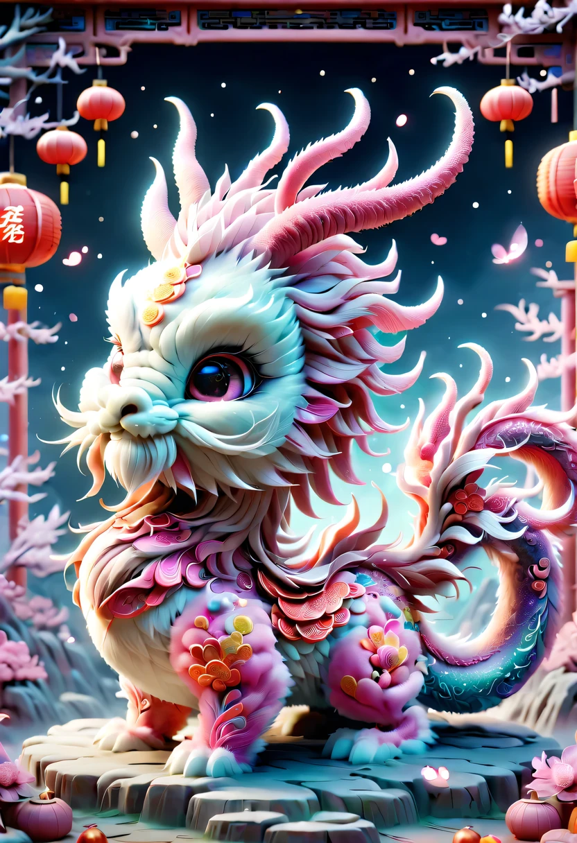 (masterpiece, best quality:1.2), Q version, 1只charming小龙, Chinese style, pink space, festive atmosphere, Spring Festival, charming鹿角, Chinese elements, cartoon, charming, Lively.