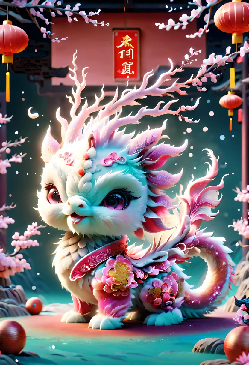 (masterpiece, best quality:1.2), Q version, 1只charming小龙, Chinese style, pink space, festive atmosphere, Spring Festival, charming鹿角, Chinese elements, cartoon, charming, Lively.