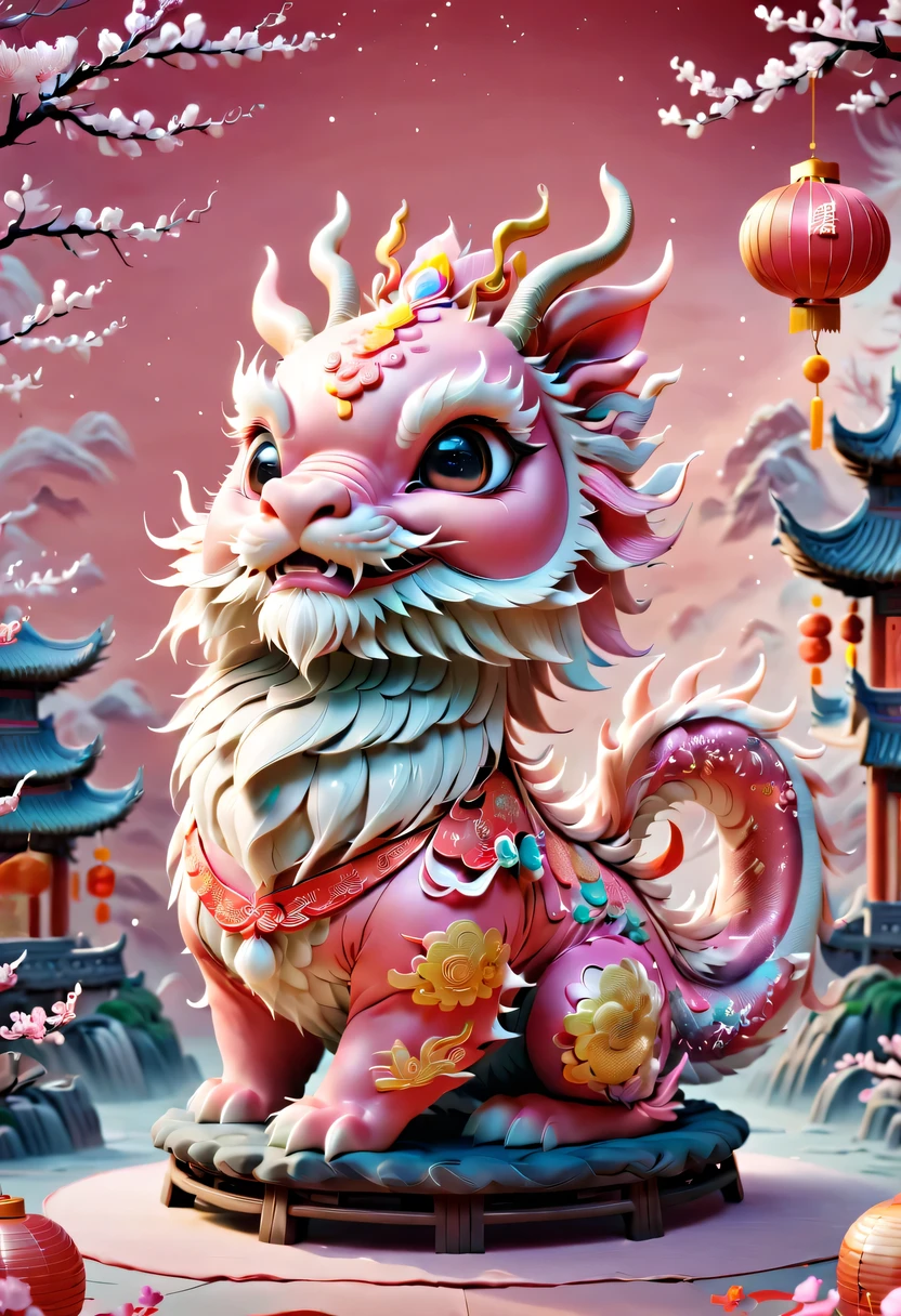 (masterpiece, best quality:1.2), Q version, 1只charming小龙, Chinese style, pink space, festive atmosphere, Spring Festival, charming鹿角, Chinese elements, cartoon, charming, Lively.