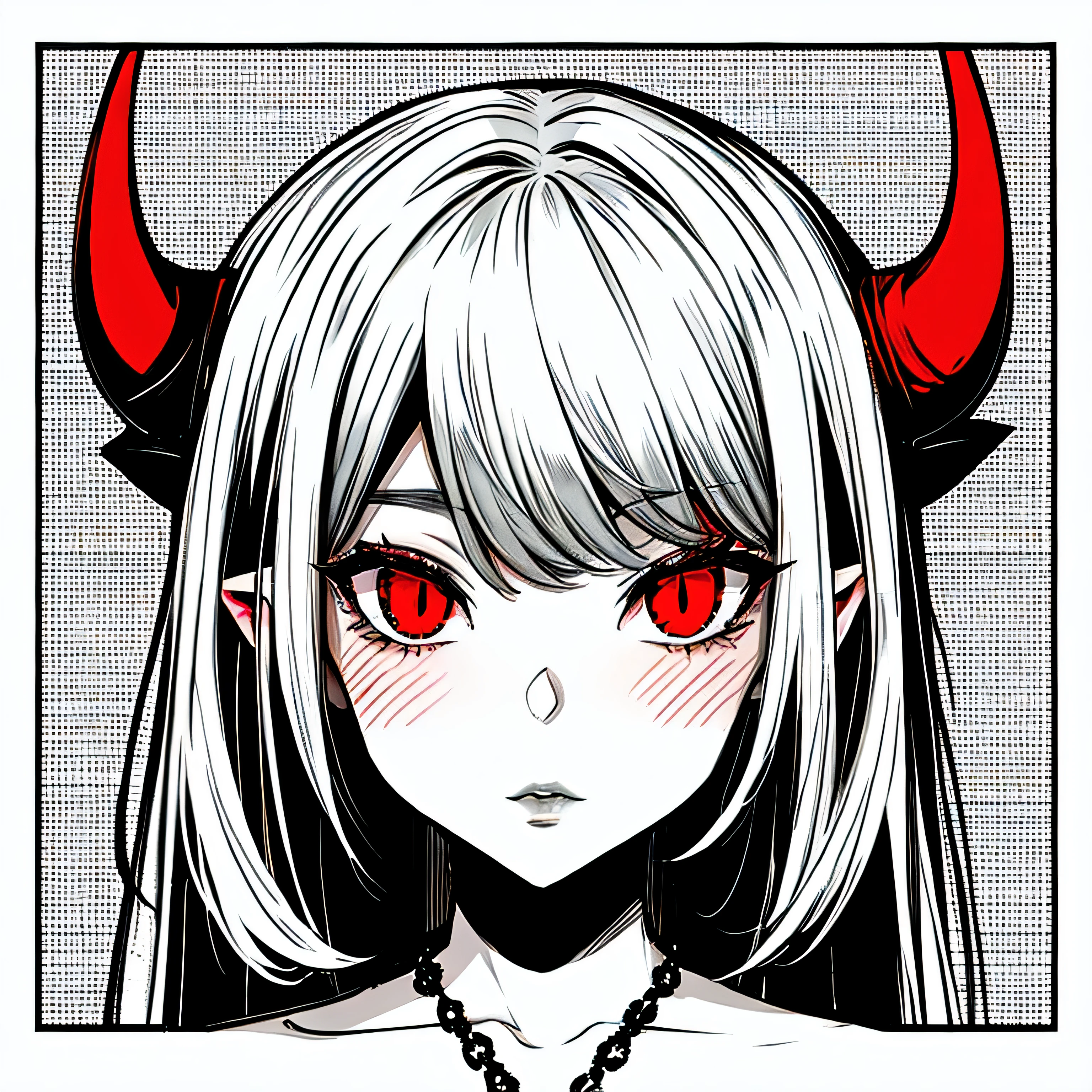 make a portrait of a devil horned girl with red eyes in black and white colors