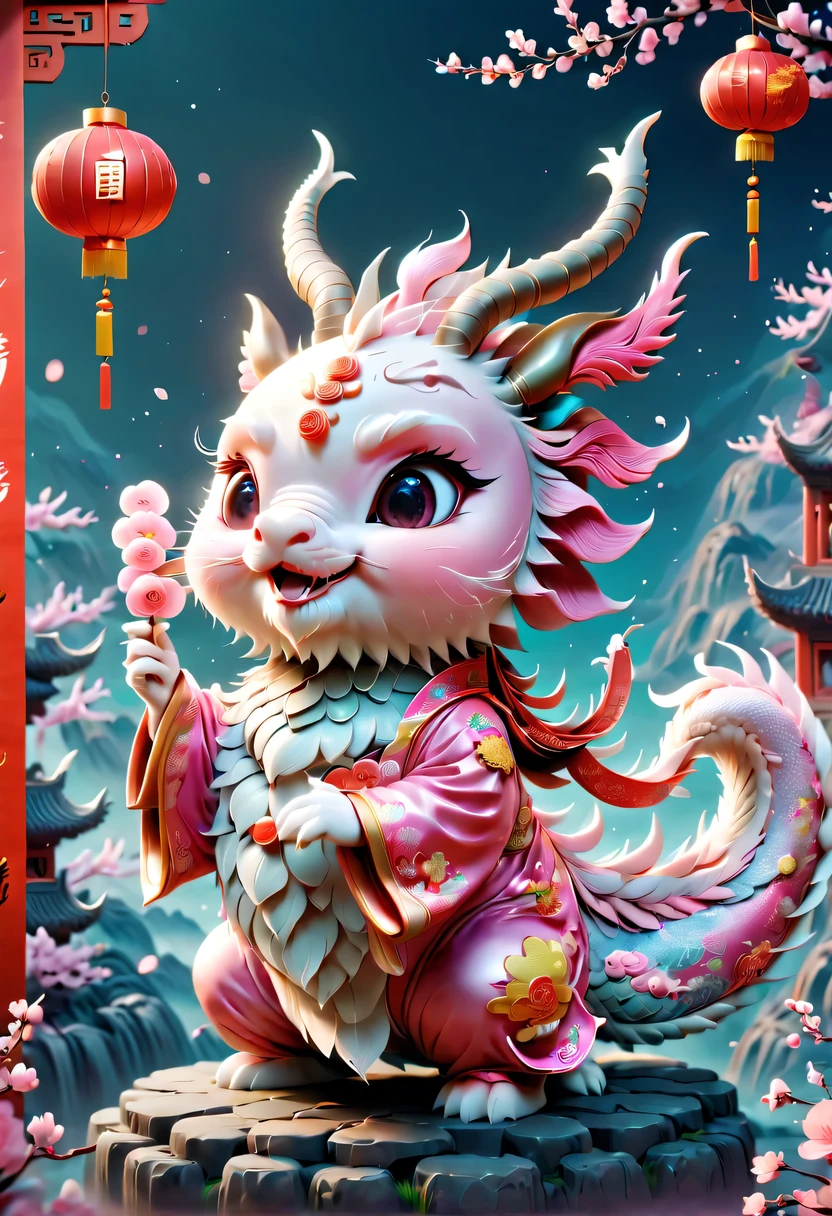 (masterpiece, best quality:1.2), Q version, 1只charming小龙, Chinese style, pink space, festive atmosphere, Spring Festival, charming鹿角, Chinese elements, cartoon, charming, Lively.