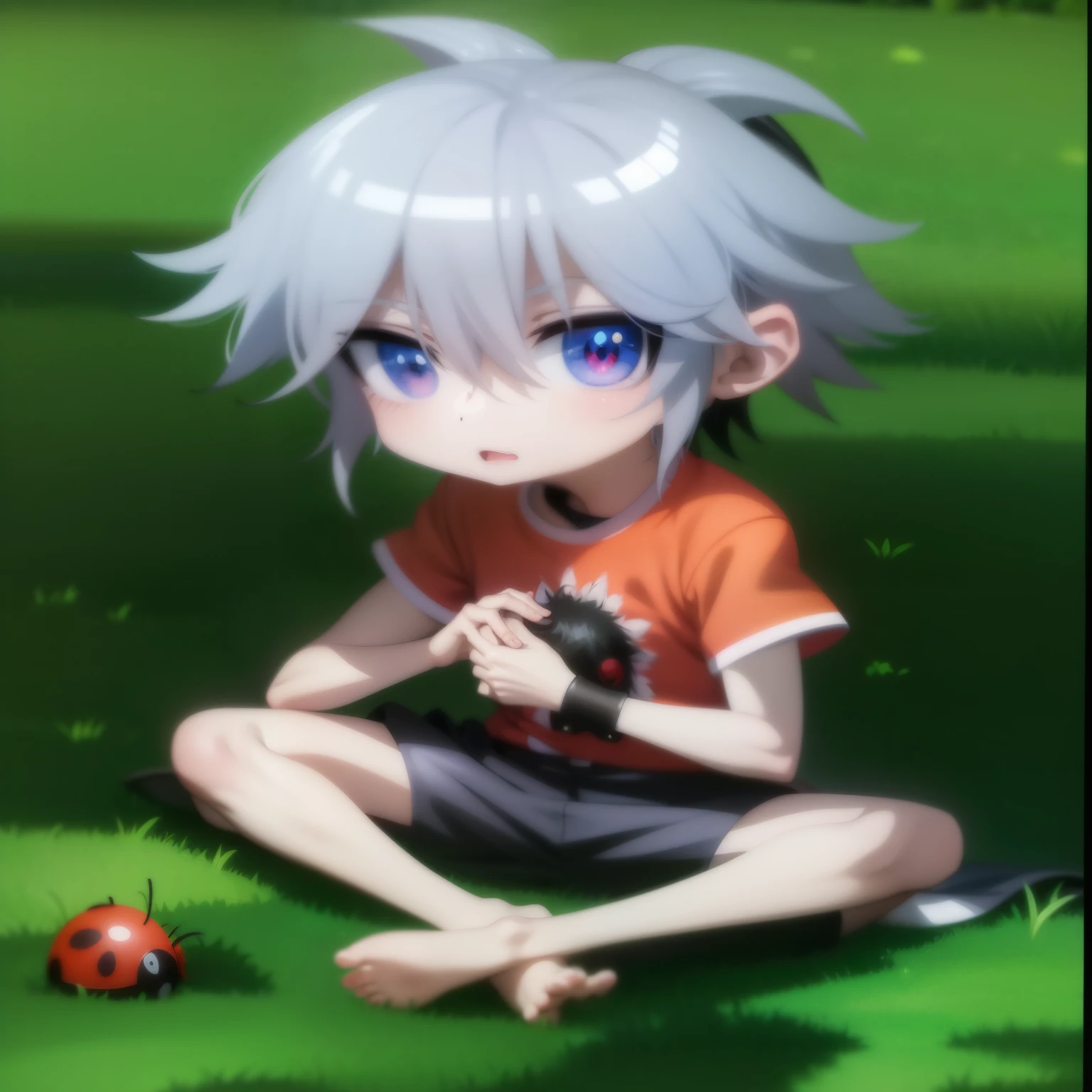 anime boy sitting on the ground with a ladybug in the grass, anime boy, anime lush john 8k forest, Produced by Anime Painter Studio, Killua Zoldyck brunette, Kaoru Nagisa, stylized anime, 2D anime style, official art, Anime cute art style, Anime style 3D, young anime man, anime stylization