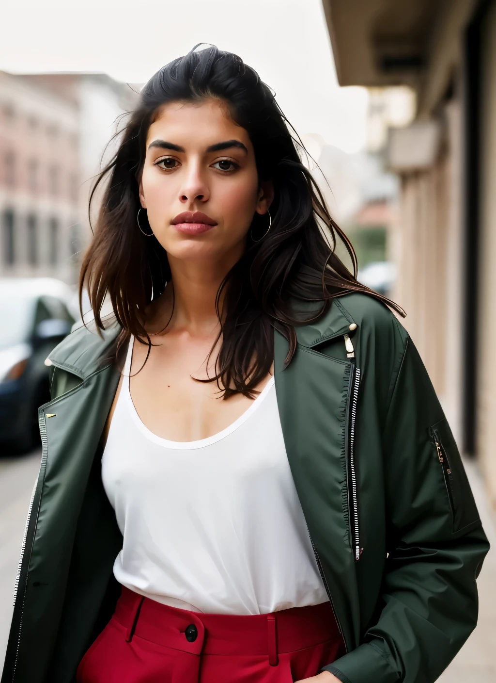 A stunning intricate color close up portrait of (sks south asian woman:1) , wearing Military jacket and cargo pants, epic character composition, sharp focus, natural lighting, subsurface scattering, f2, 35mm, film grain,