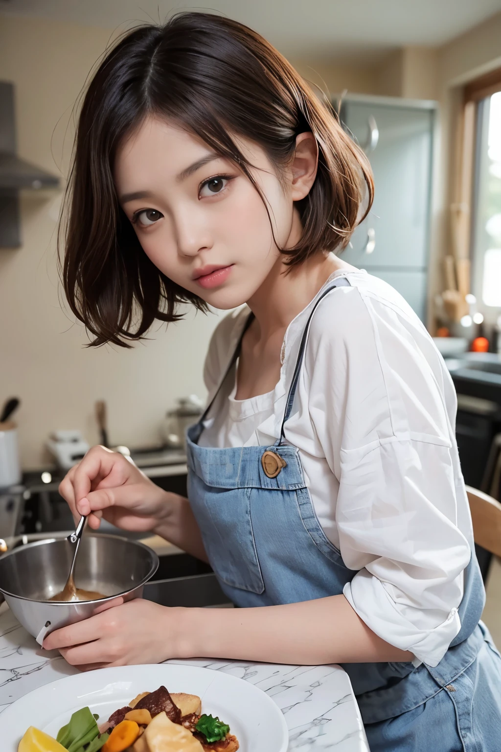 cute 21 year old japanese、kitchen、cooking、super detail face、pay attention to details、double eyelid、beautiful thin nose、sharp focus:1.2、Beautiful woman:1.4、(light brown hair,short hair、),pure white skin、highest quality、masterpiece、ultra high resolution、(Photoreal:1.4)、Pinafor、kitchen、apron、