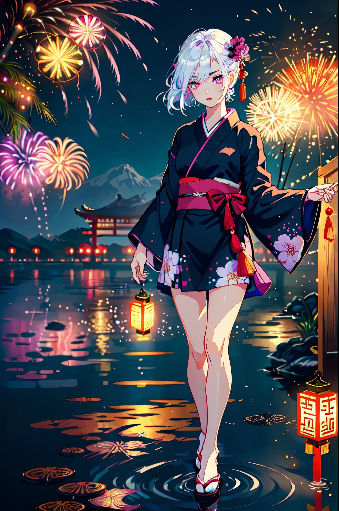 ((Masterpiece)), (Illustration), (((highest quality)), iridescent,
(((Beautiful detailed girl)), small breast, full body,
(delicate and pretty face), Lovestruck, (magenta eyes),
((floating_hair)), iridescent, white hair, beautiful white hair,
parted lips, yukata kimono, miniskirt yukata, black clothing, black yukata, black dress, black shirt
, beautiful landscape, night view, fireworks, (Chinese new year)
2b, modeling shots,