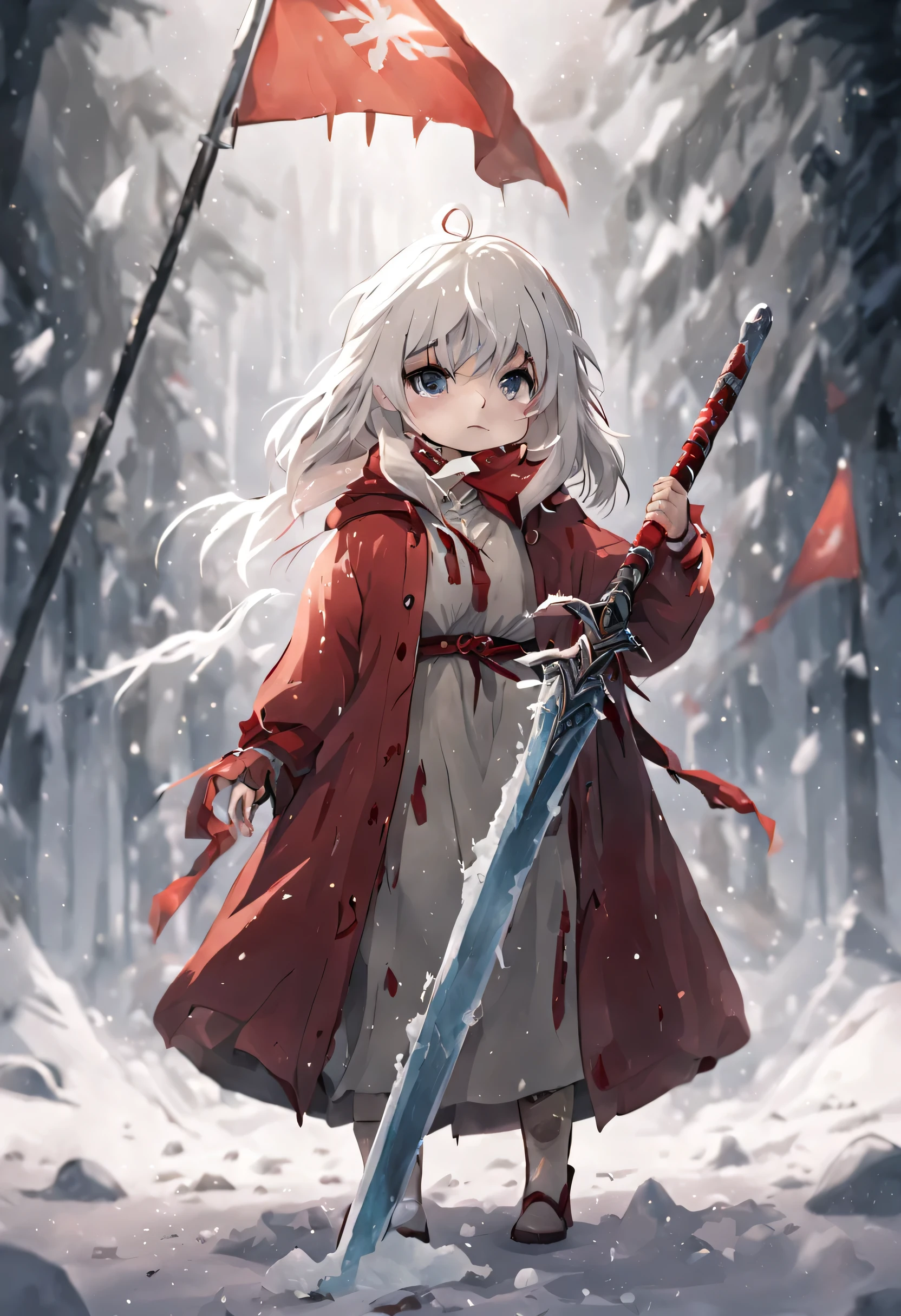 White-haired girl holding a frozen sword,Broken red flag behind the sword,The ground is covered with dry bones,bloody coat,long sleeves,Blizzard,Red bracelet