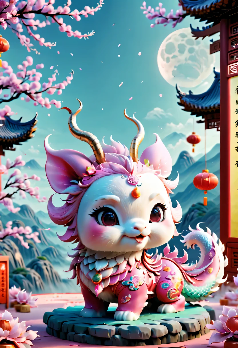 (masterpiece, best quality:1.2), Q version, 1只charming小龙, Chinese style, pink space, festive atmosphere, Spring Festival, charming鹿角, Chinese elements, cartoon, charming, Lively.