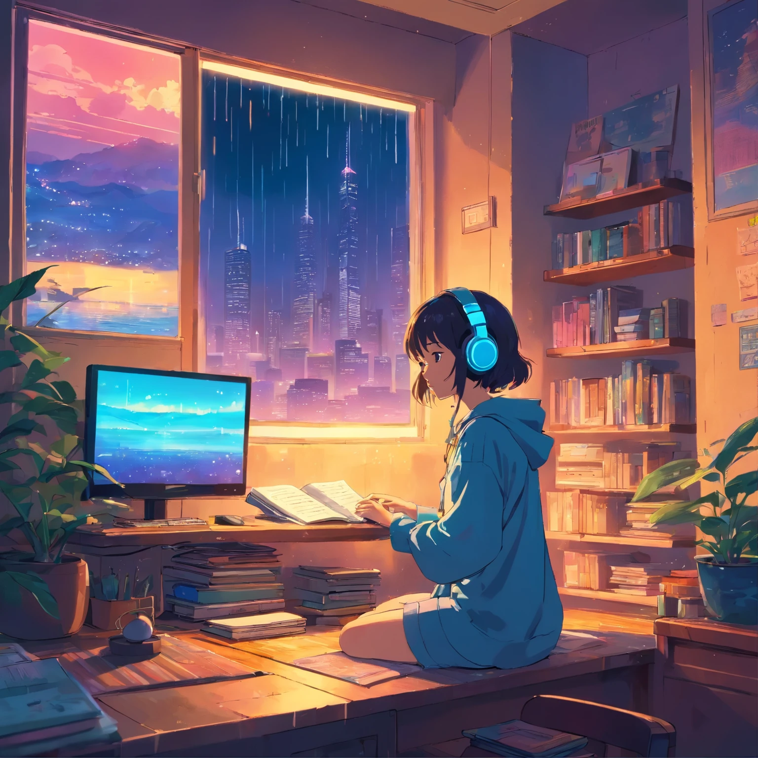 European hippie girl studying in her room, Dreaming, Wear headphones, night lights, Neon landscape on a rainy day, Analog Color Theme, Lo-Fi Hip Hop , Retrospective, flat, 2.5D ,Draw a line, ink painting, Large gradient, watercolor painting, Goosch color, Studio Ghibli style, Awesome colorful, Outer Ton, Krautlock, Lofiato,  70s style,Old textures, amplitude,Psychedelic atmosphere, masterpiece, Incredible technology,