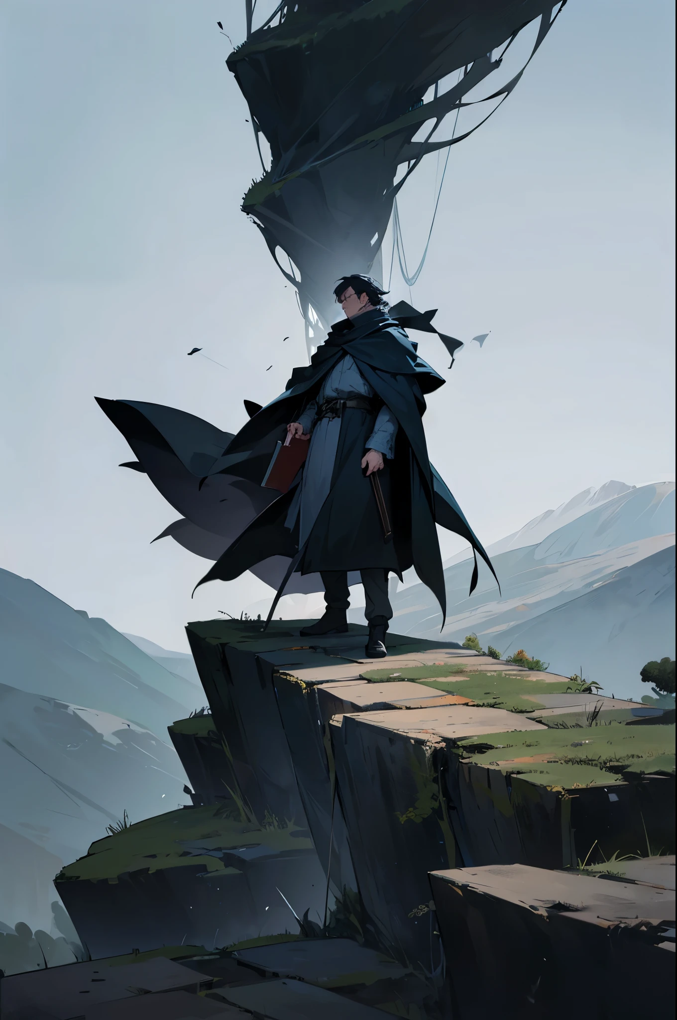 man standing on top of a mountain, wearing a worn-out black cloak and holding a book, dismal and gloomy sky