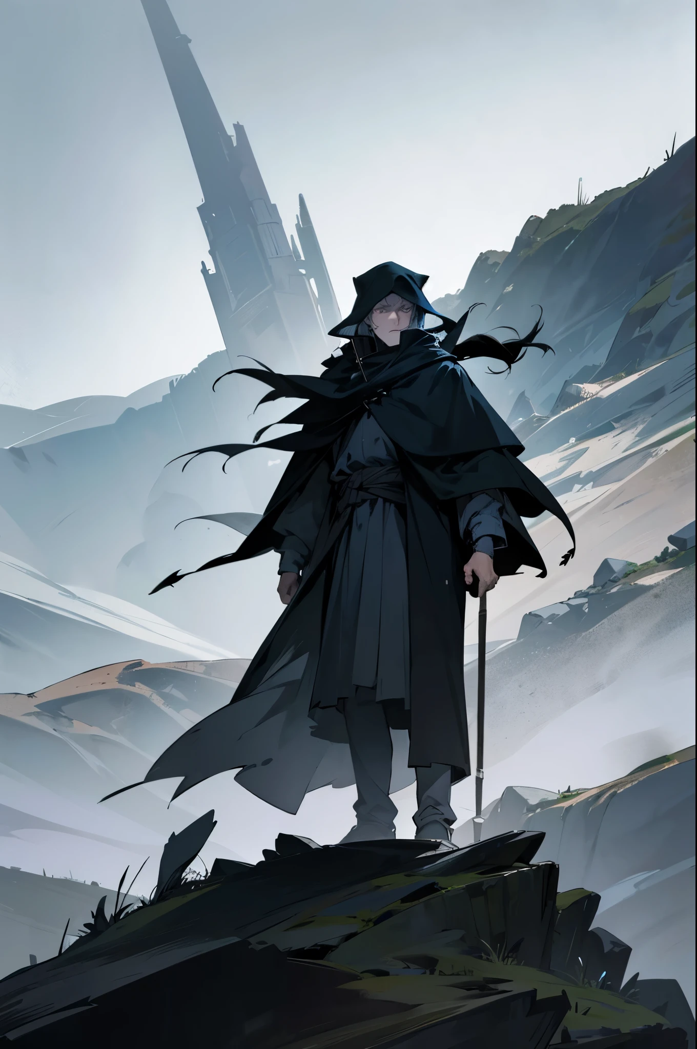 man standing on top of a mountain, wearing a worn-out black cloak and holding a book, dismal and gloomy sky