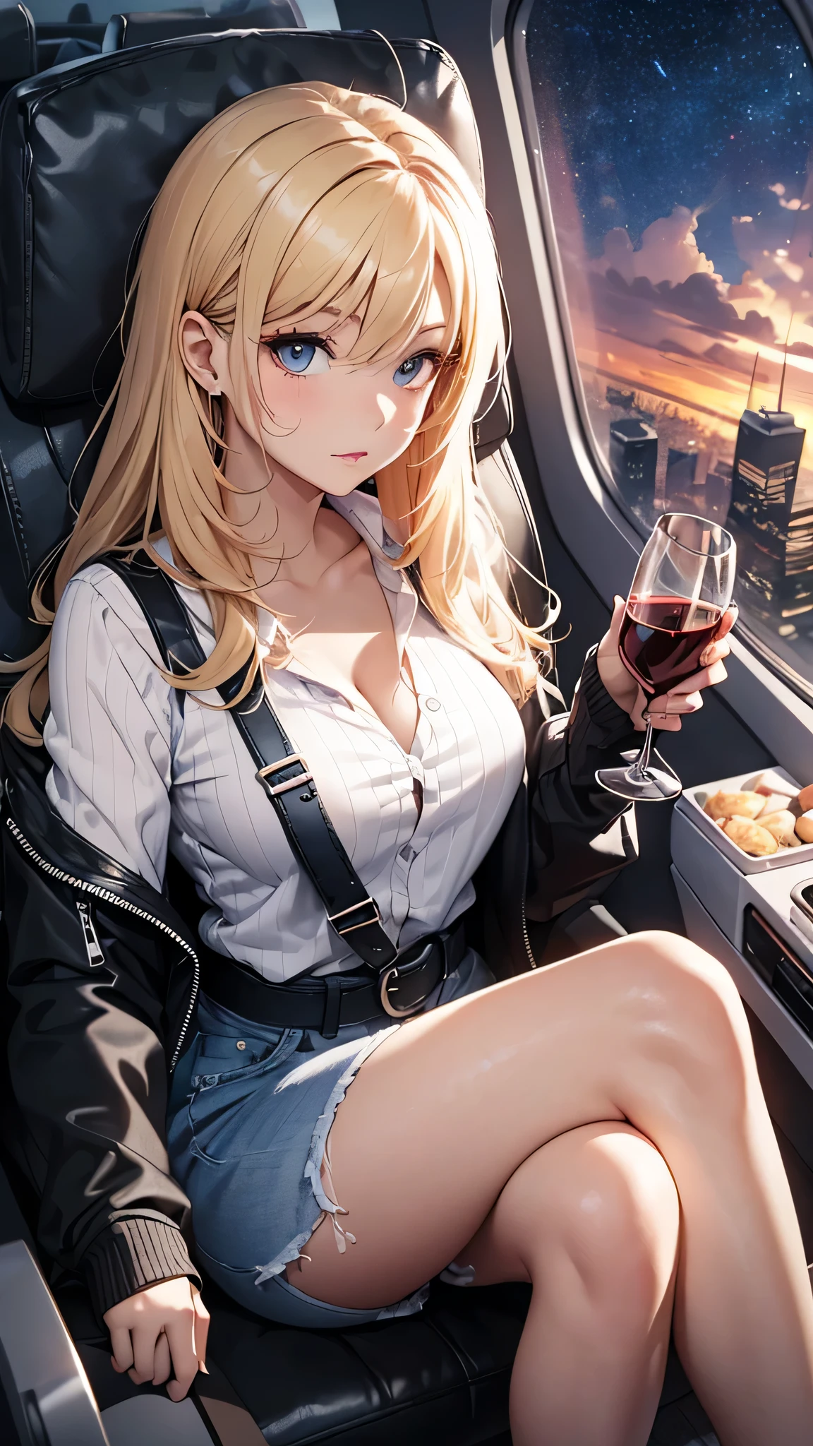 最high quality、best image quality、masterpiece、teenage girl((18-year-old、 By becoming、vest bust、medium bust,wide open breast tea、black eye, blonde hair、Habitual hair、long hair、thin,highest valley、blue shorts、Black Short Sleeve Jacket、sit on a chair、white shirt,chest、Eyeshadow Makeup、sleep Pose、wrap a blanket、Sleeping face)),high quality、beautiful art、background(On the plane、first class、red wine))、depth((window、night sky))debris flies、書かれた境界のdepth、movie、visual art、perfect art、8K,genuine