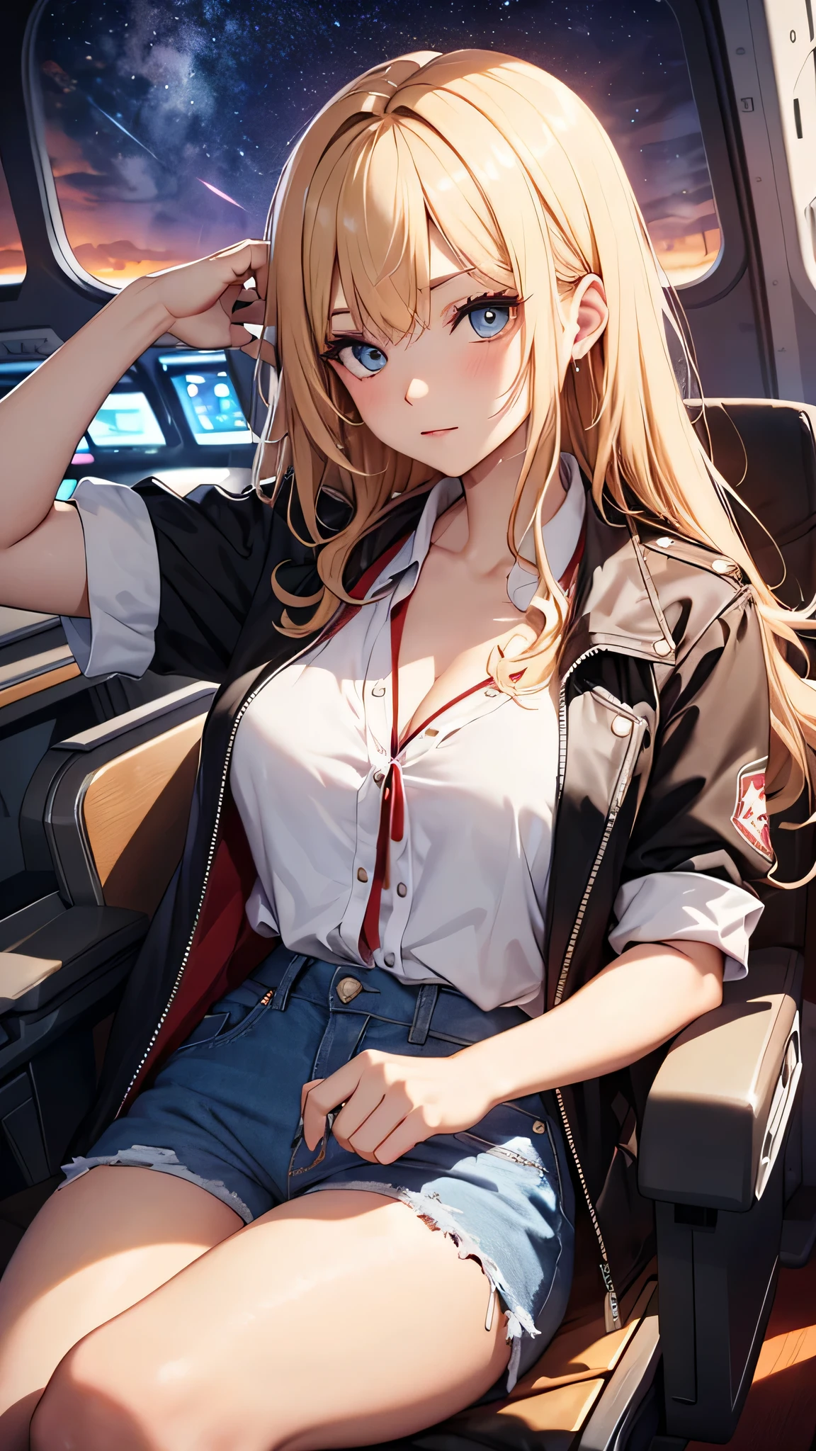 最high quality、best image quality、masterpiece、age girl((18-year-old、 By becoming、vest bust、medium bust,wide open breast tea、black eye, blonde hair、Habitual hair、long hair、thin,highest valley、blue shorts、Black Short Sleeve Jacket、sit on a chair、white shirt,chest、Eyeshadow Makeup、sleep Pose、wrap a blanket、Sleeping face)),high quality、beautiful art、background(On the plane、first class、red wine))、depth((window、night sky))debris flies、書かれた境界のdepth、movie、visual art、perfect art、8K,genuine