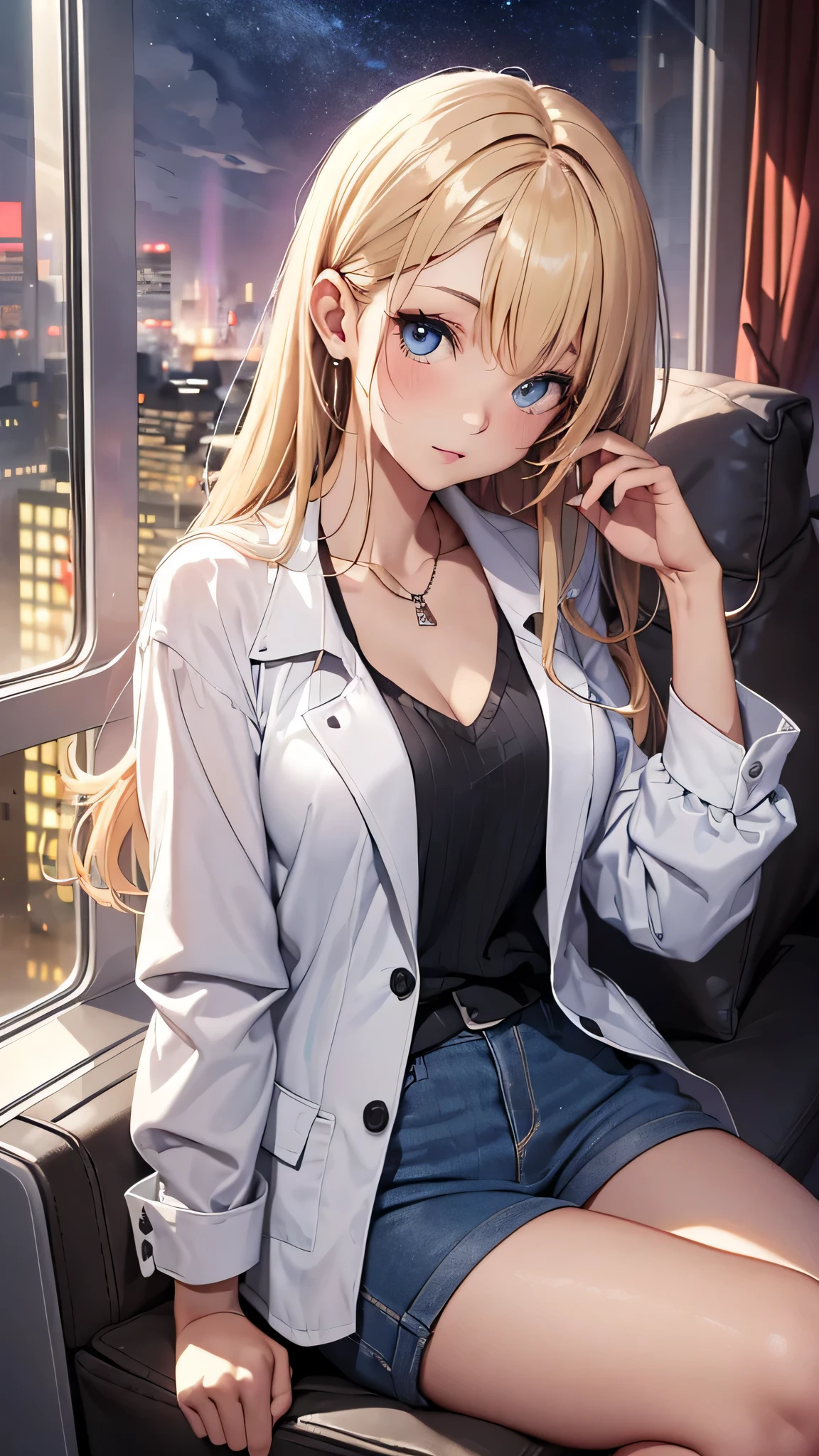 最high quality、best image quality、masterpiece、teenage girl((18-year-old、 By becoming、vest bust、medium bust,wide open breast tea、black eye, blonde hair、Habitual hair、long hair、thin,highest valley、blue shorts、Black Short Sleeve Jacket、sit on a chair、white shirt,chest、Eyeshadow Makeup、sleep Pose、wrap a blanket、Sleeping face)),high quality、beautiful art、background(On the plane、first class、red wine))、depth((window、night sky))debris flies、書かれた境界のdepth、movie、visual art、perfect art、8K,genuine