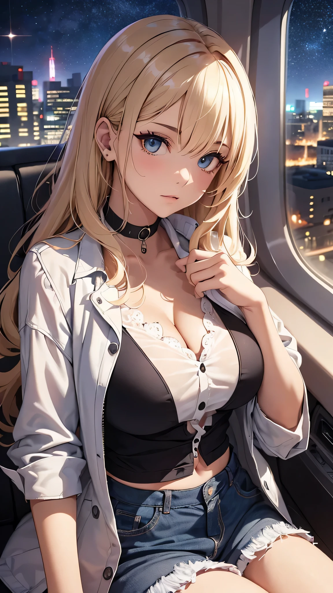 最high quality、best image quality、masterpiece、age girl((18-year-old、 By becoming、vest bust、medium bust,wide open breast tea、black eye, blonde hair、Habitual hair、long hair、thin,highest valley、blue shorts、Black Short Sleeve Jacket、sit on a chair、white shirt,chest、Eyeshadow Makeup、sleep Pose、wrap a blanket、Sleeping face)),high quality、beautiful art、background(On the plane、first class、red wine))、depth((window、night sky))debris flies、書かれた境界のdepth、movie、visual art、perfect art、8K,genuine