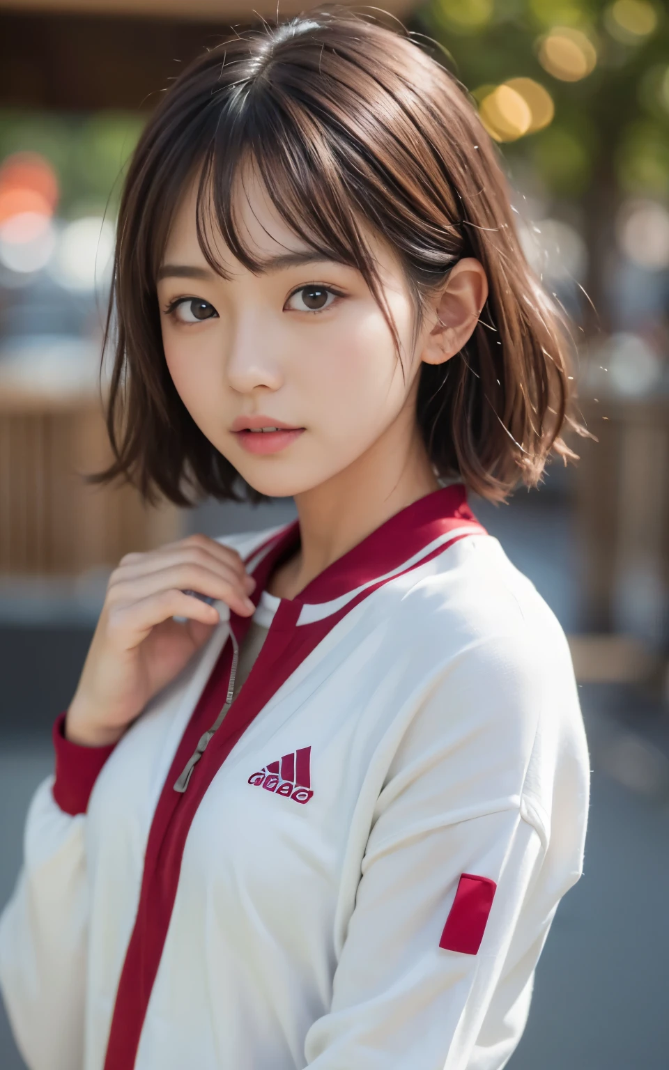 cute 21 year old japanese、A woman enjoying badminton、super detail face、pay attention to details、double eyelid、beautiful thin nose、sharp focus:1.2、Beautiful woman:1.4、(light brown hair,short hair、)、cute winter clothes、highest quality、masterpiece、ultra high resolution、(Photoreal:1.4)、