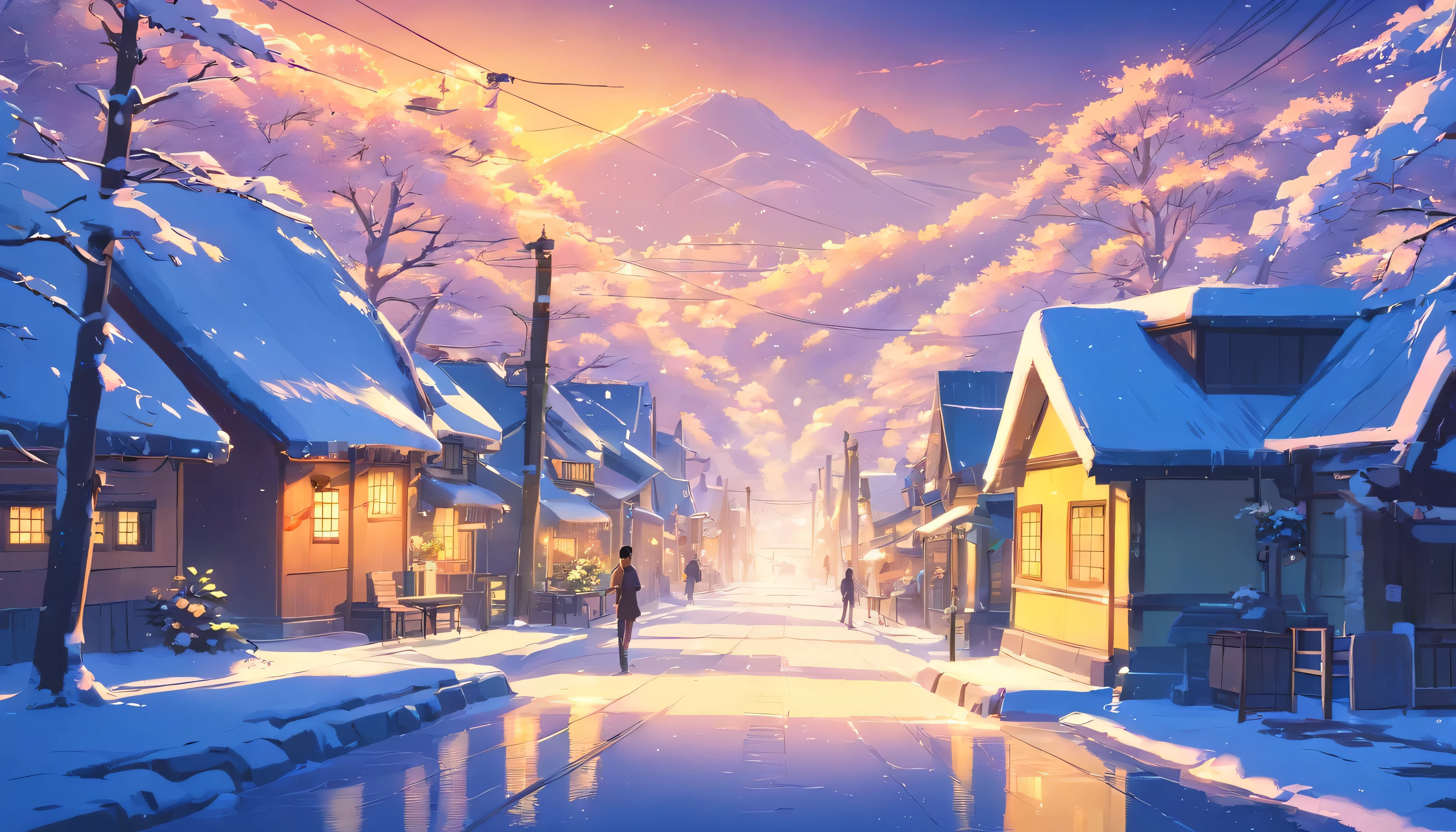 winter village, many snow, night, soft yellow light, high quality,