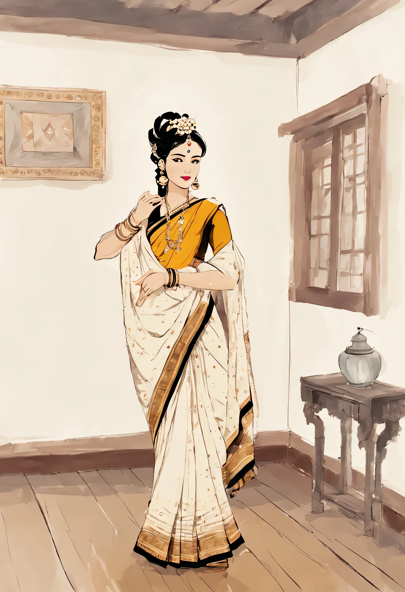 a woman in a sari posing for a picture in a room, trending on cg society, wearing Bihu dress mekhela Sador, wearing a steampunk sari, Assamese aesthetic, traditional beauty, wearing an elegant tribal outfit, with lovely look