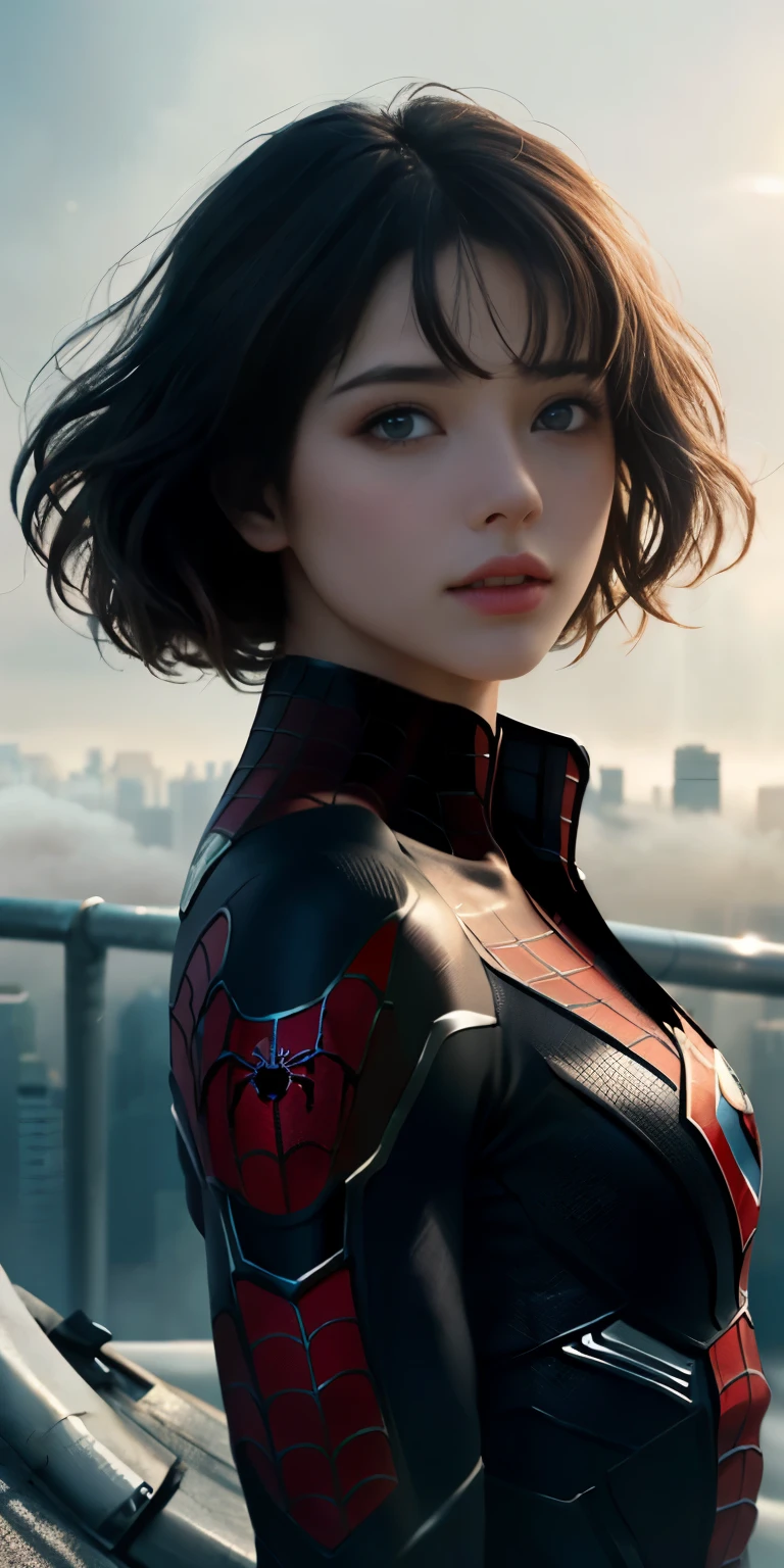 (1 girl:1.3), alone, (((Very detailed face)))), ((very detailed eyes and face)))), beautifulディテールの目, body parts__, official art, unified 8k wallpaper, Super detailed, beautiful and beautiful, beautiful, masterpiece, 最high quality, original, masterpiece, ultra-detailed photos, 最high quality, ultra high resolution, realistic realism, sunlight, Upper body、amazing beauty, dynamic pose, delicate face, lively eyes, (from the front), she is wearing a Spider-man suit, Red and black color scheme, Spider, Highly detailed city roof background, rooftop, overlook the city, detailed face, Detailed complex and busy background, Messy, nice, milky, highly detailed skin, realistic skin details, visible pores, clear focus, volumetric fog, 8K UHD, Digital single-lens reflex camera, high quality, film grain, Fair skin, photorealism, lomography, Futuristic dystopian megalopolis, translucent