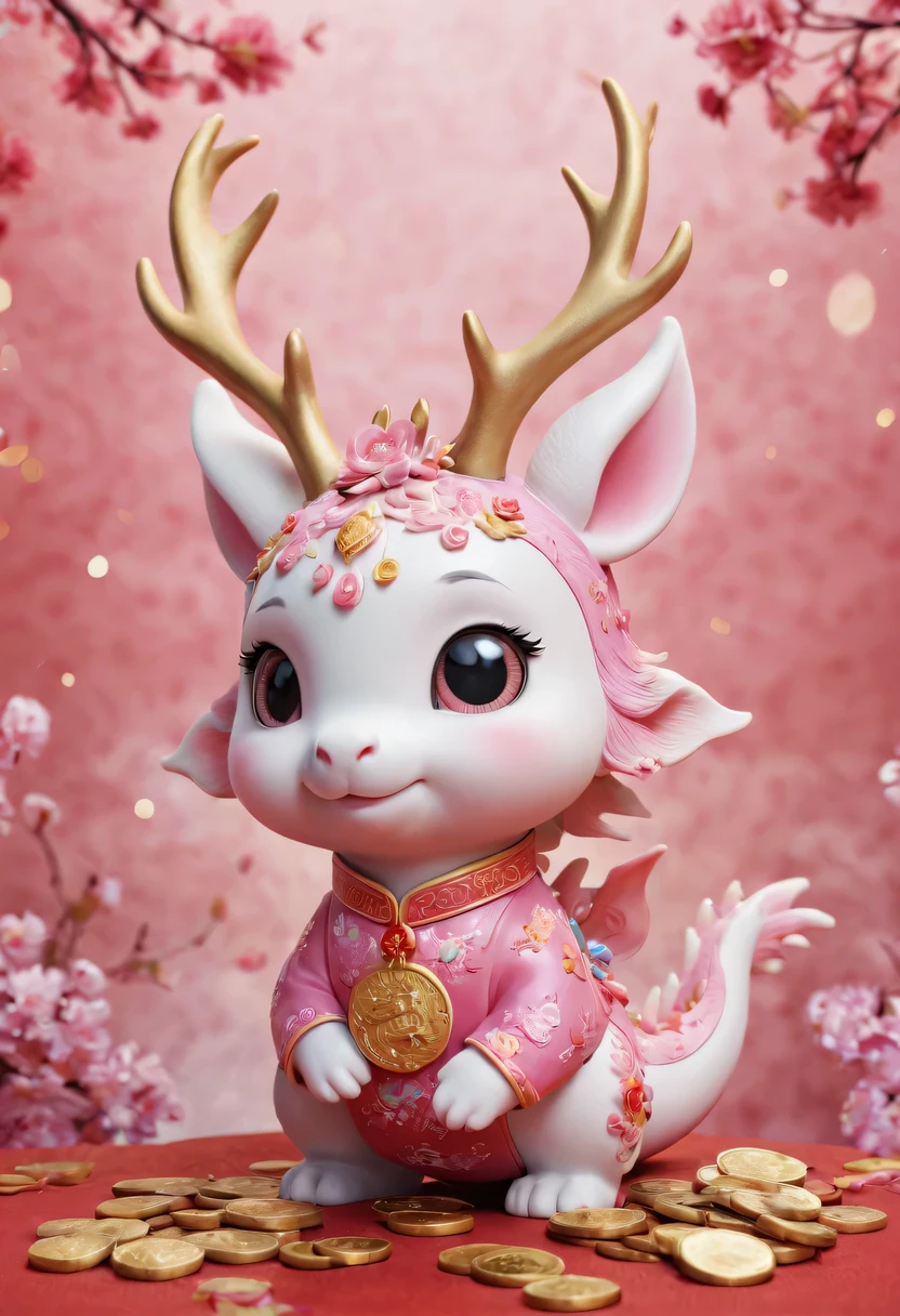 Q version,Cute little dragon,Chinese style,pink space,festive atmosphere,Spring Festival,gold coins,Chinese elements,cartoon,cute pet,Lively,fireworks,Lovely antlers,