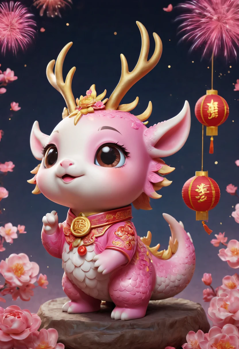 Q version，Cute little dragon，Chinese style，pink space，festive atmosphere，Spring Festival，gold coins，Chinese elements，cartoon，cute pet，Lively，fireworks，Lovely antlers，