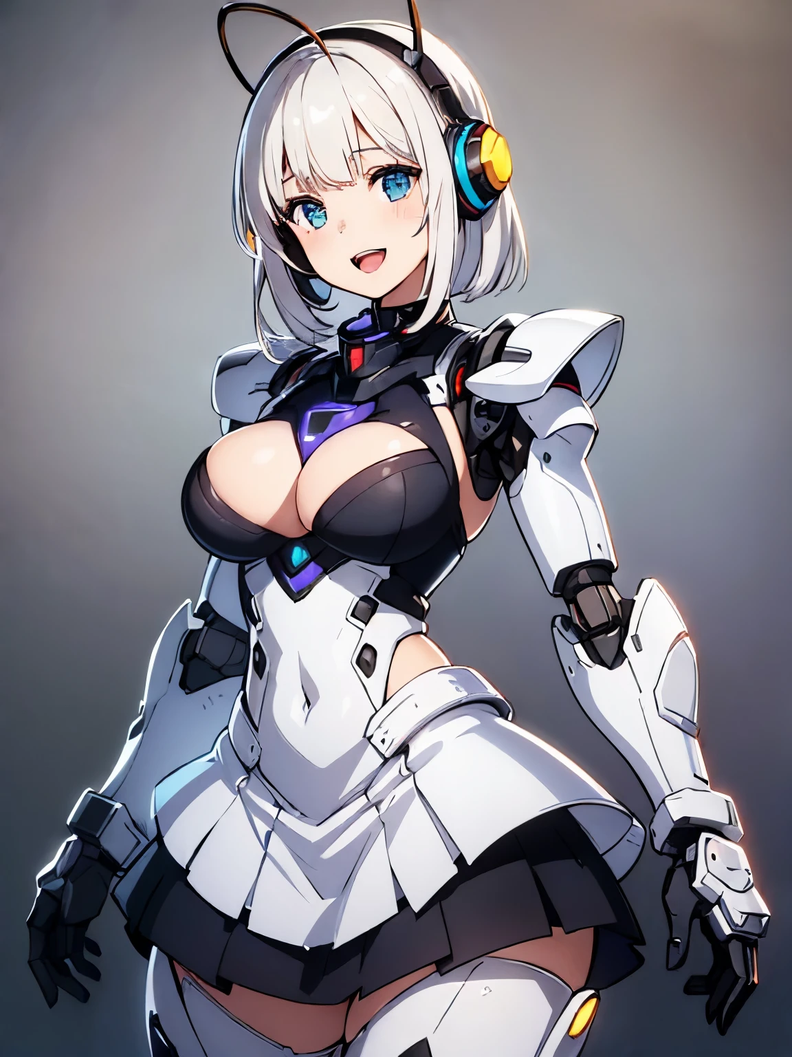 (((1 female:1.8)))、(((full body description)))、(((Standing depiction)))、(((9th class)))、Beautiful woman in moe pose in futuristic white shiny heavy armored robot suit、perfect android girl, gynoid cyborg body, perfect anime cyborg woman, beautiful female android!, female robot, fully robotized!! girl, Cute cyborg girl, cyber suit, メカサイバーアーマーを着たgirl, cyber suit, beutiful white girl cyborg, beautiful female android, Beautiful girl cyborg、Cute robot woman with white silver short bob hair、Gravure Model Android Beautiful Girl、(明るいsmile:1.3)、(((Headphones with long sensor antennas in both ears)))、(robot girl)、(((美しいgirlアンドロイド)))、(((重装甲メイド服を着たgirl)))、(((White heavy armored robot girl in maid clothes)))、(((White heavy armored robot beautiful girl in miniskirt and maid clothes)))、(((Beautiful girl in white heavy armored maid robot)))、(((Cyborg Maid Beautiful Girl)))、(((Robot beautiful girl wearing white shiny heavy armored maid clothes)))、(((waitress))),（smile:1.6)、(((open your mouth)))、Proper body proportions,table top,Ultra high quality output image,High resolution,intricate details,very delicate and beautiful hair,(Photoreal:1.3)realistic pictures,dream-like,professional lighting,realistic shadow,focus only,well-groomed face，Big eyes,beautiful hands,beautiful fingers,Detailed functions of fingers,Detailed features of the garment,Detailed characteristics of hair,detailed facial features,