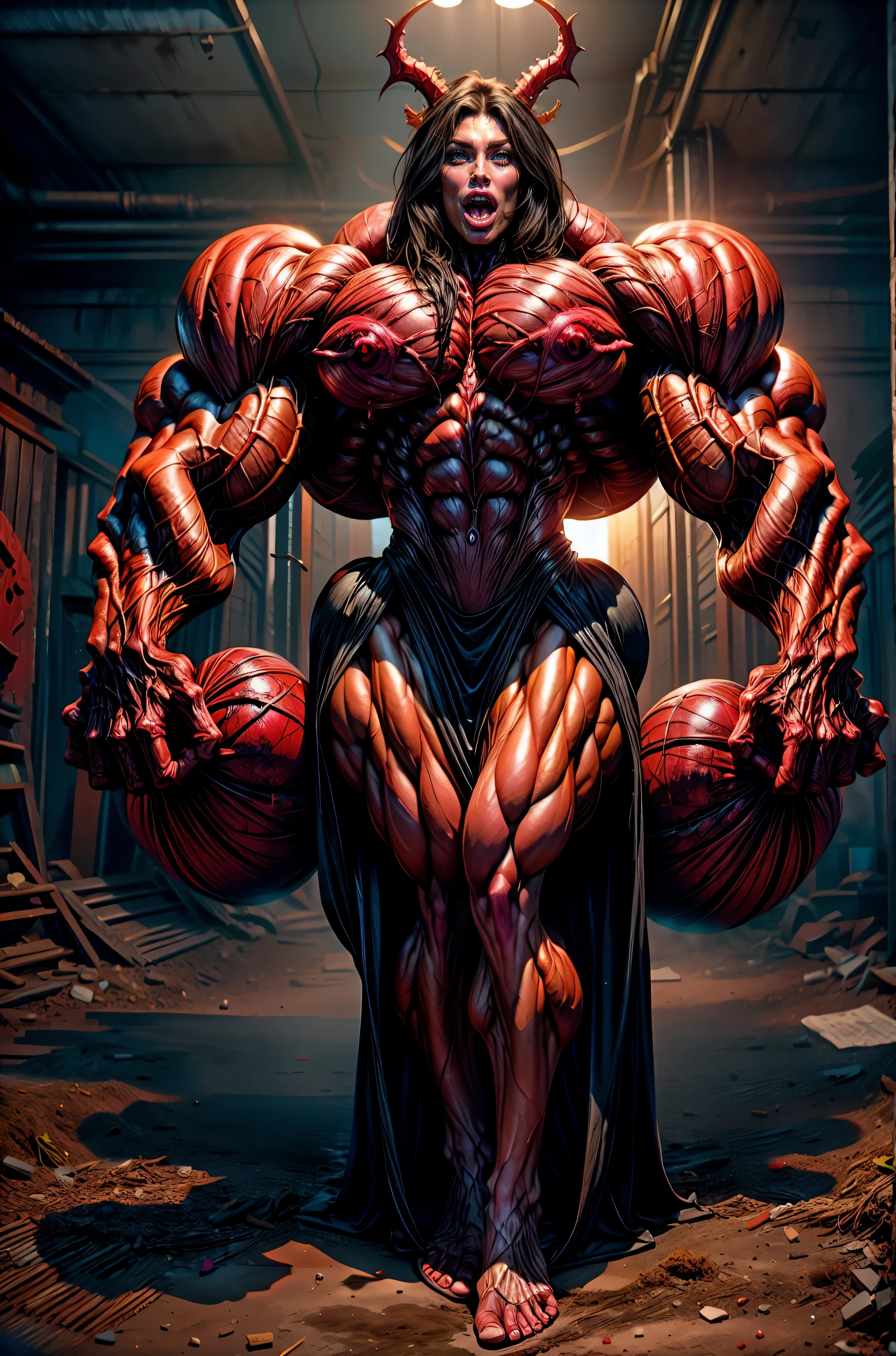 (1 girl), (megan fox:1.25), (beautiful muscular bimbo:1.25), (carnage skinless physique:1.25), (red glowing eyes:1.25), (1 super muscular undead skinless succubus with gigantic horns:1.25), (covered in red necrotic rotting skinless muscle:1.25), (exposed muscular and skeletal anatomy:1.25), (perfect fingers:1.25),(8k, RAW photo, photorealistic:1.25), dark horrific scary atmosphere, hellish landscape, Hellraiser like atmosphere,