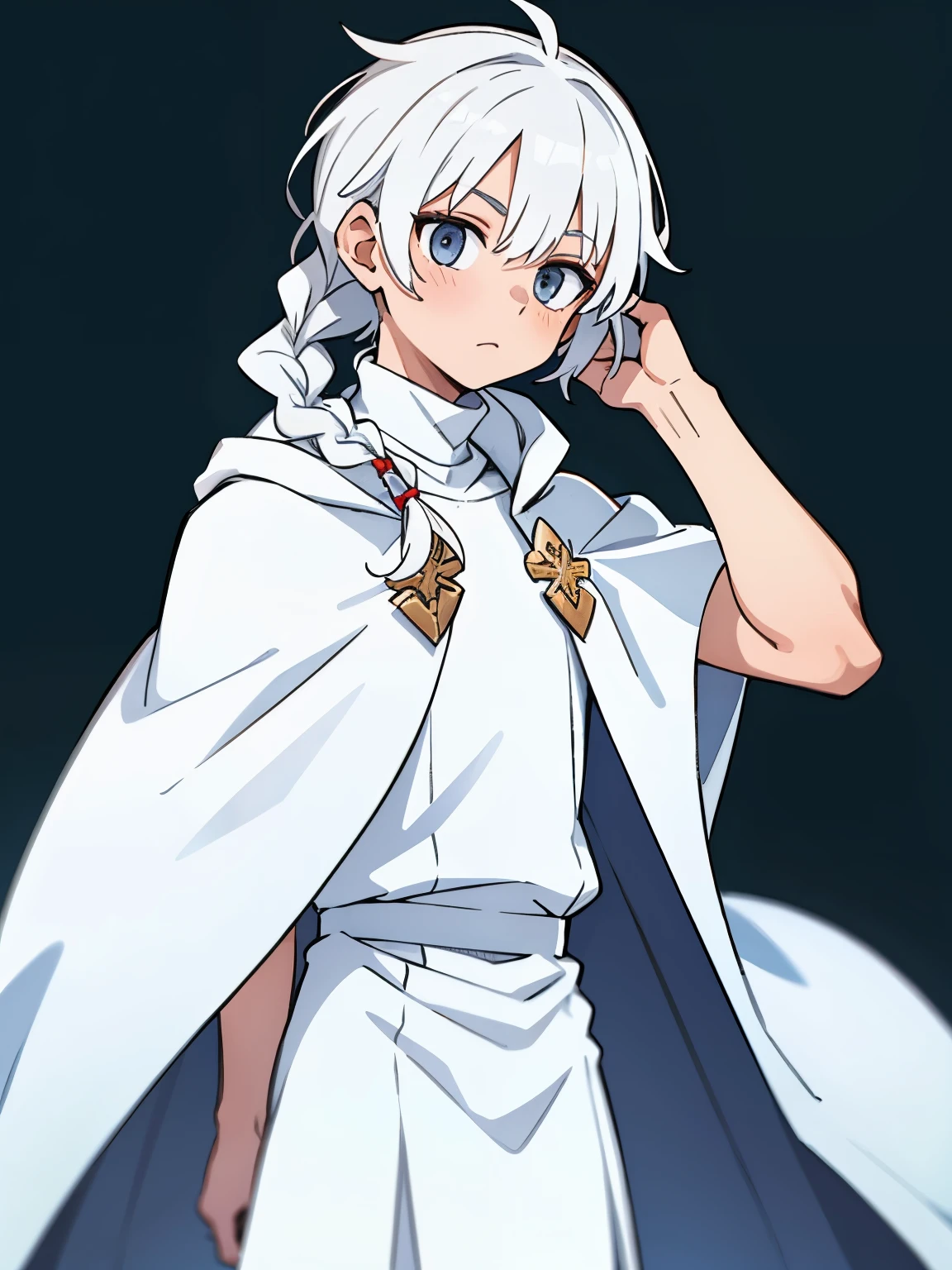 boy, White hair , hair braided, white cloak, White Turtleneck