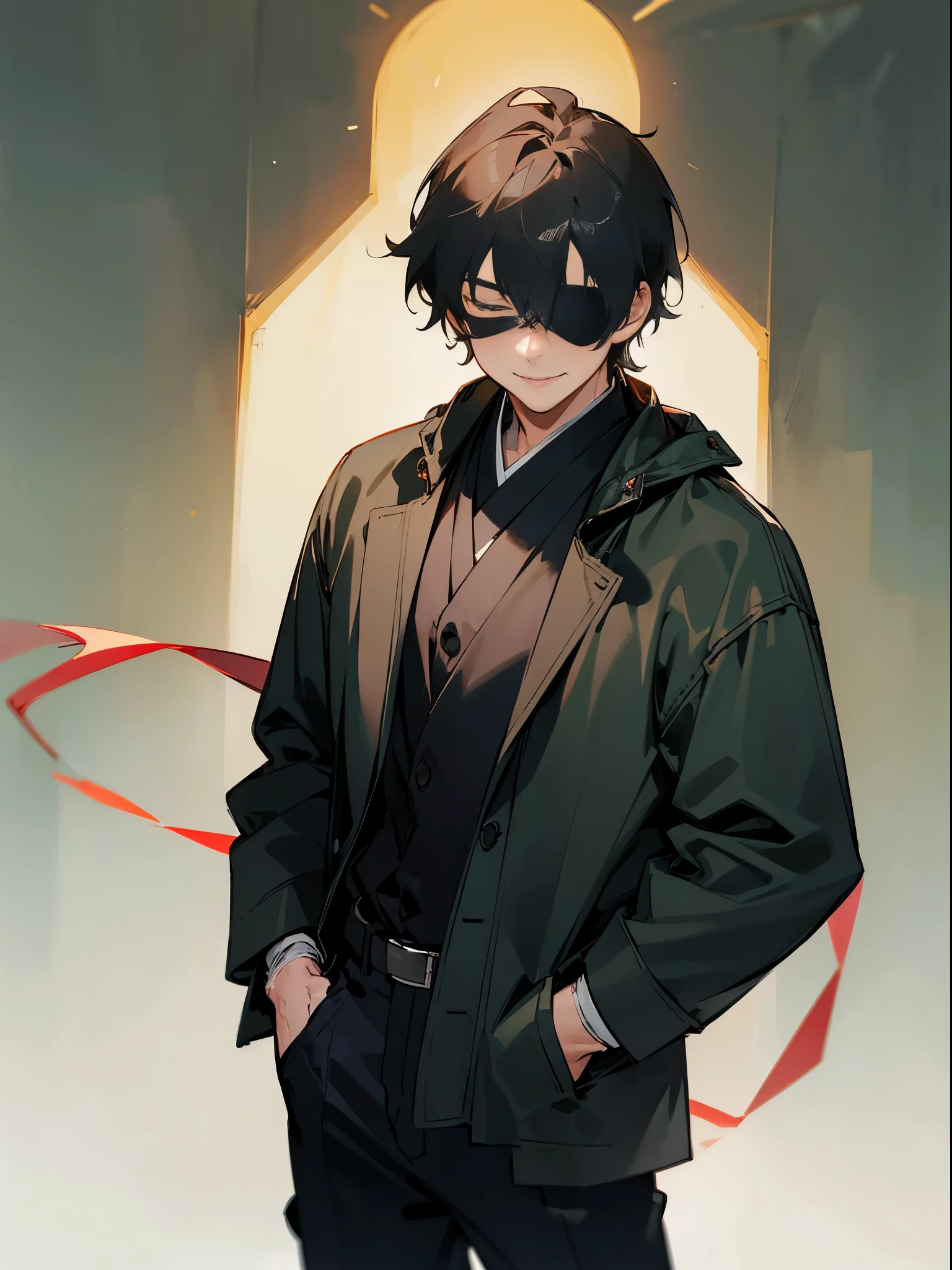 (masterpiece, best quality:1.2), cowboy shot, solo, male focus, 1boy, gojo satoru, smile, hands in pockets, blindfold, black jacket