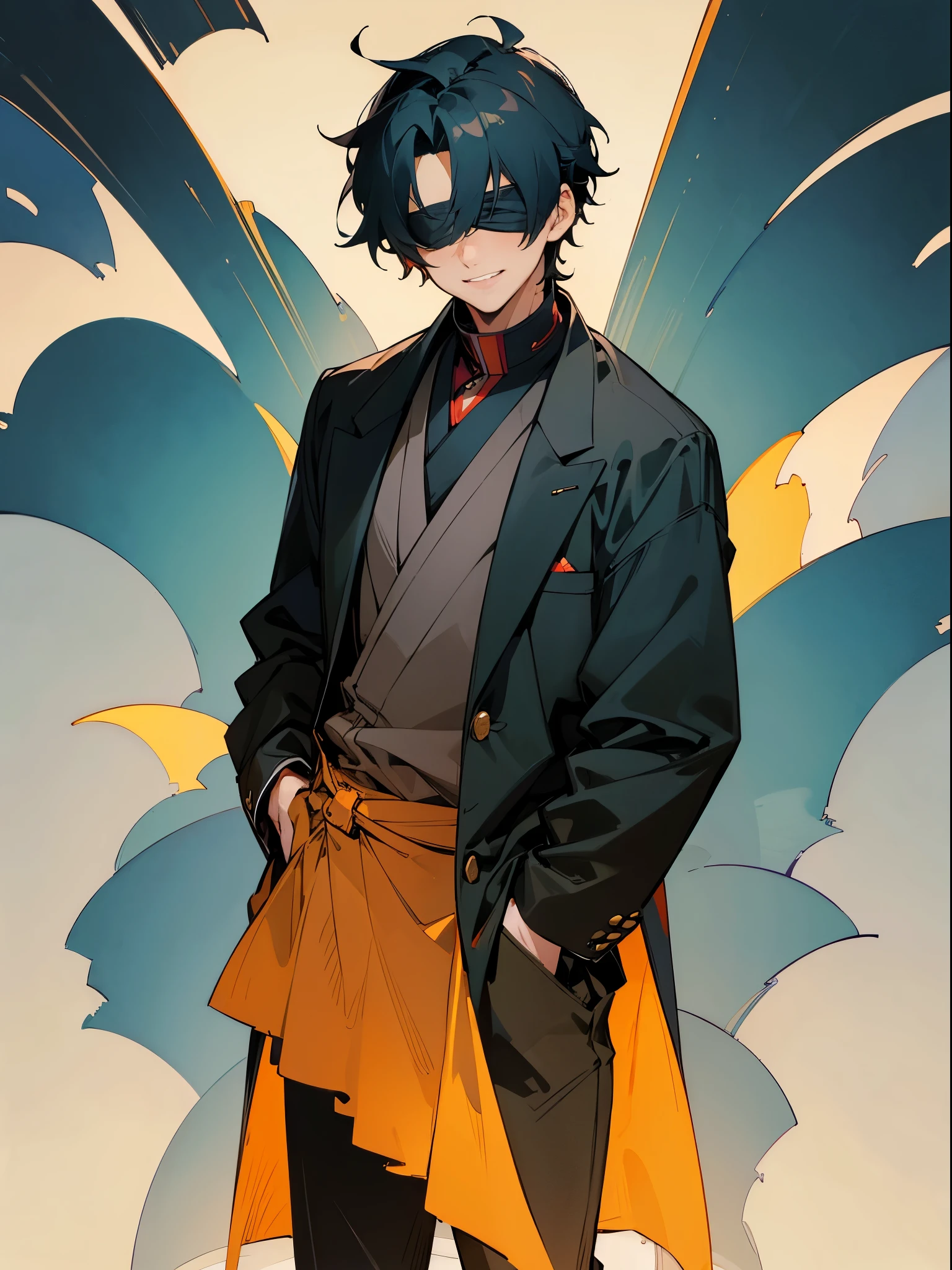 (masterpiece, best quality:1.2), cowboy shot, solo, male focus, 1boy, gojo satoru, smile, hands in pockets, blindfold, black jacket