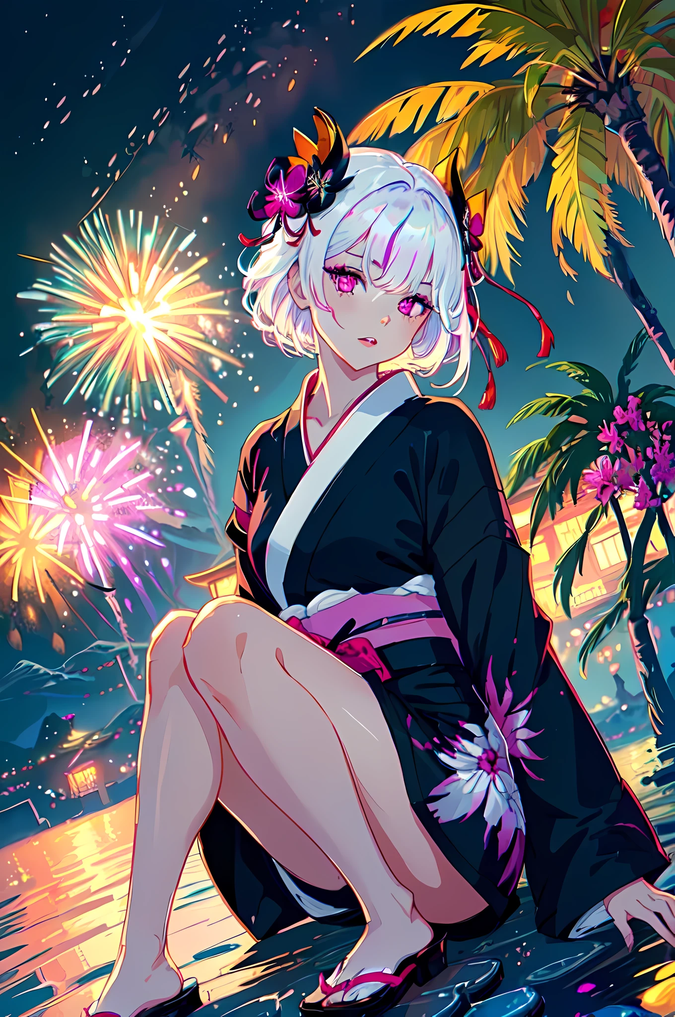 ((Masterpiece)), (Illustration), (((highest quality)), iridescent,
(((Beautiful detailed girl)), small breast, full body,
(delicate and pretty face), Lovestruck, (magenta eyes),
((floating_hair)), iridescent, white hair, beautiful white hair,
parted lips, yukata kimono, miniskirt yukata, black clothing, black yukata, black dress, black shirt
, beautiful landscape, night view, fireworks
2b, modeling shots,