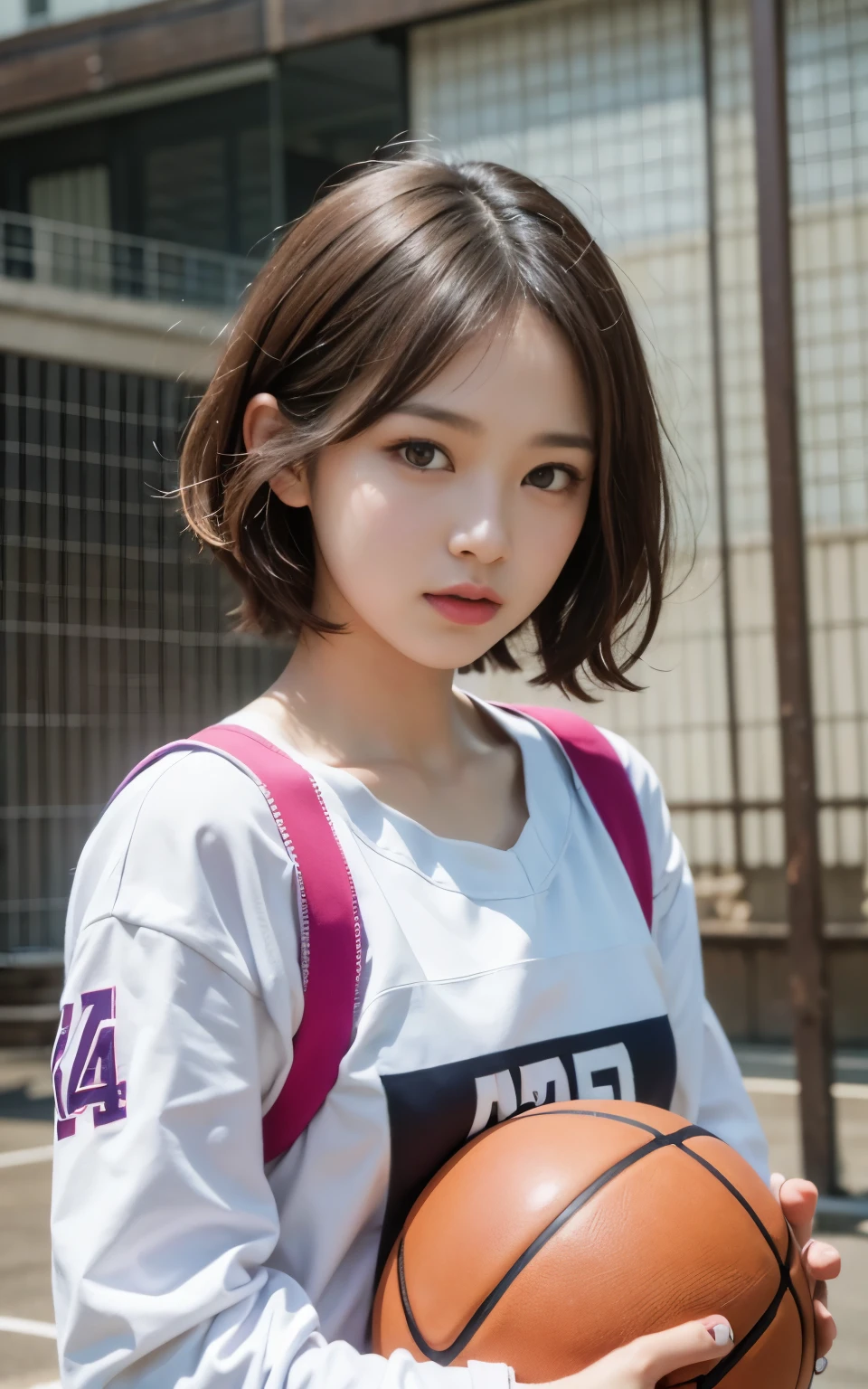 cute 21 year old japanese、A woman enjoying basketball、Wearing a uniform、Playing a match、basketball court、gym、super detail face、pay attention to details、double eyelid、beautiful thin nose、sharp focus:1.2、Beautiful woman:1.4、(light brown hair,short hair、)、cute winter clothes、highest quality、masterpiece、ultra high resolution、(Photoreal:1.4)、
