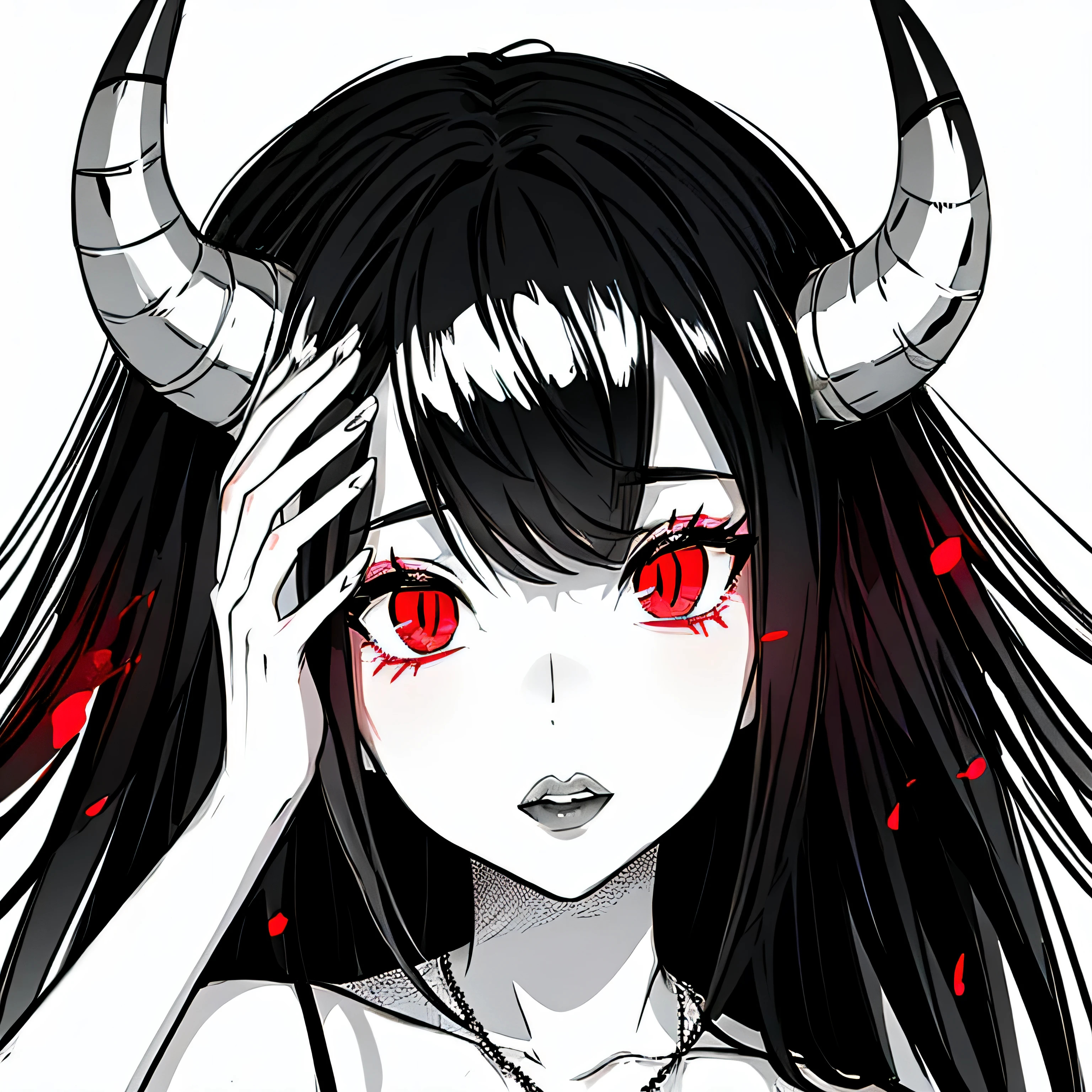 make a portrait of a devil horned girl with red eyes in black and white colors