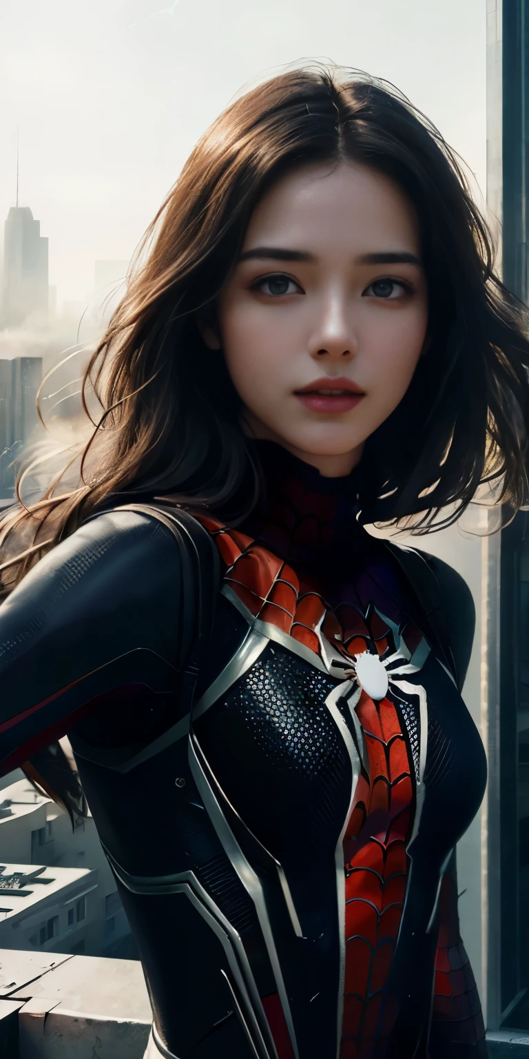 (1 girl:1.3), alone, (((Very detailed face)))), ((very detailed eyes and face)))), beautifulディテールの目, body parts__, official art, unified 8k wallpaper, Super detailed, beautiful and beautiful, beautiful, masterpiece, 最high quality, original, masterpiece, ultra-detailed photos, 最high quality, ultra high resolution, realistic realism, sunlight, Upper body、amazing beauty, dynamic pose, delicate face, lively eyes, (from the front), she is wearing a Spider-man suit, Red and black color scheme, Spider, Highly detailed city roof background, rooftop, overlook the city, detailed face, Detailed complex and busy background, Messy, nice, milky, highly detailed skin, realistic skin details, visible pores, clear focus, volumetric fog, 8K UHD, Digital single-lens reflex camera, high quality, film grain, Fair skin, photorealism, lomography, Futuristic dystopian megalopolis, translucent