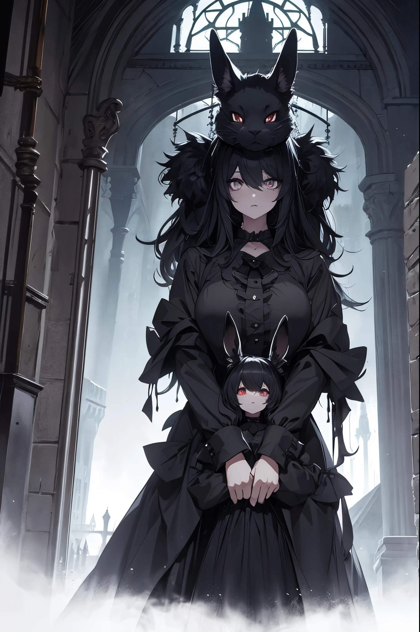 The word EBBY written in a horror style up in the sky, like a huge font, above a gothic castle. Horror atmosphere, book cover. With two black furry bunnies standing Infront of the castle, beastars style.