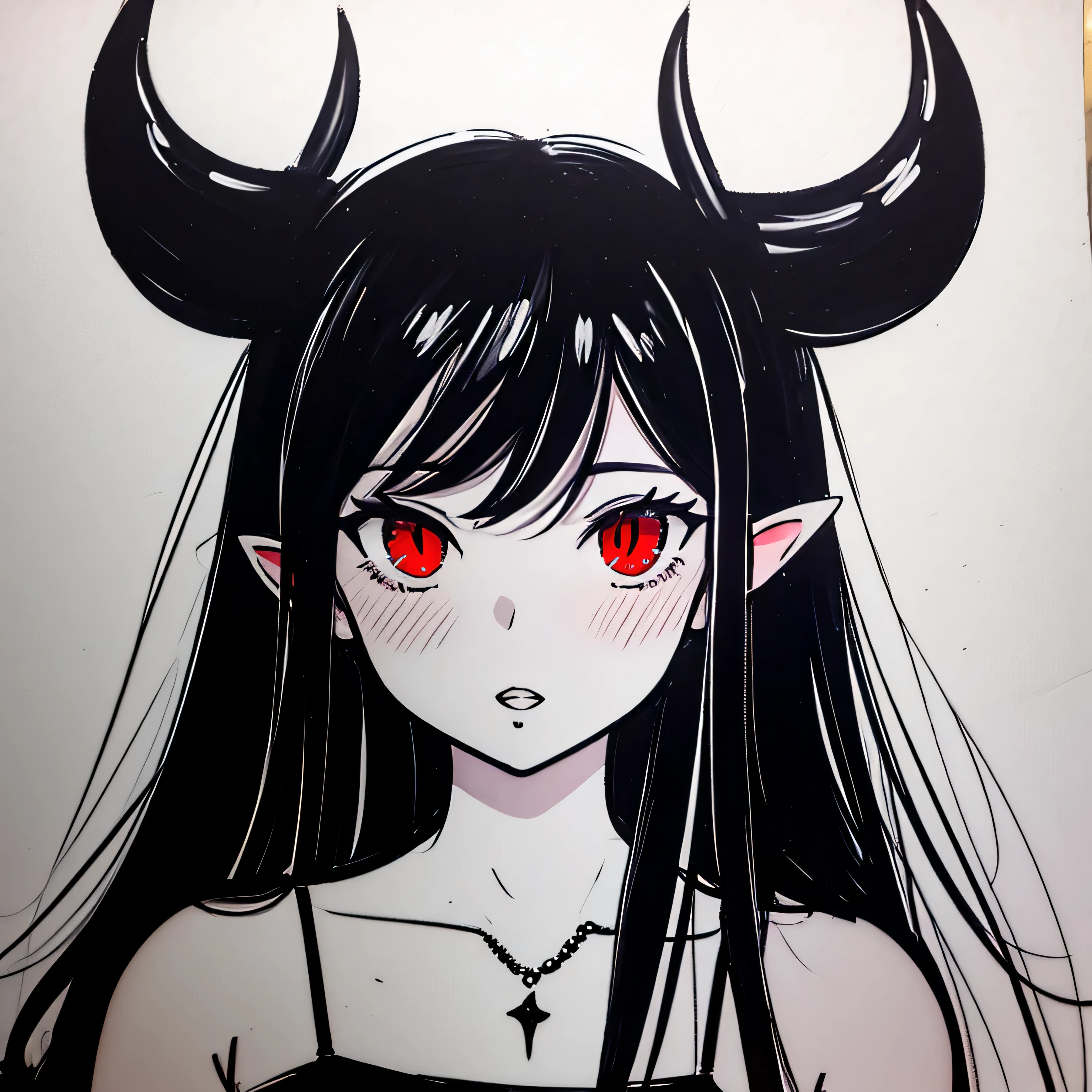 make a portrait of a devil horned girl with red eyes in black and white colors