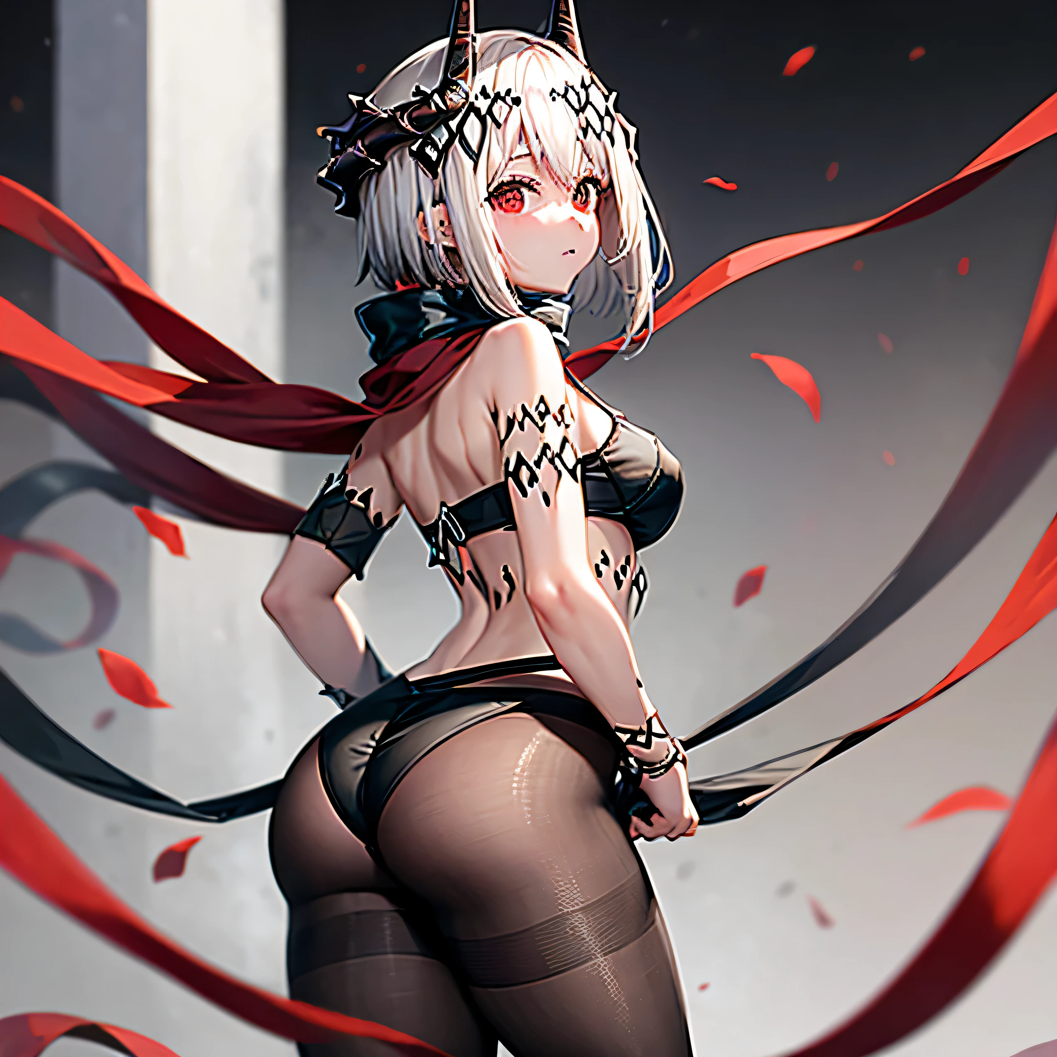V (polar nights), 1деVочка, Ahoge, antenna, яVляется, Back, Bang, black bikini, black gloves, black stockings, breast, ВытягиVание одежды, fingerless gloves, behind, gloves, horns, looking at vieVer, looking Back, stockings, stockings pull, scarf, simple Background, solo, sVimsuit, thong, Vhite Background, Red eyes, Vhite hair, leaning forVard,