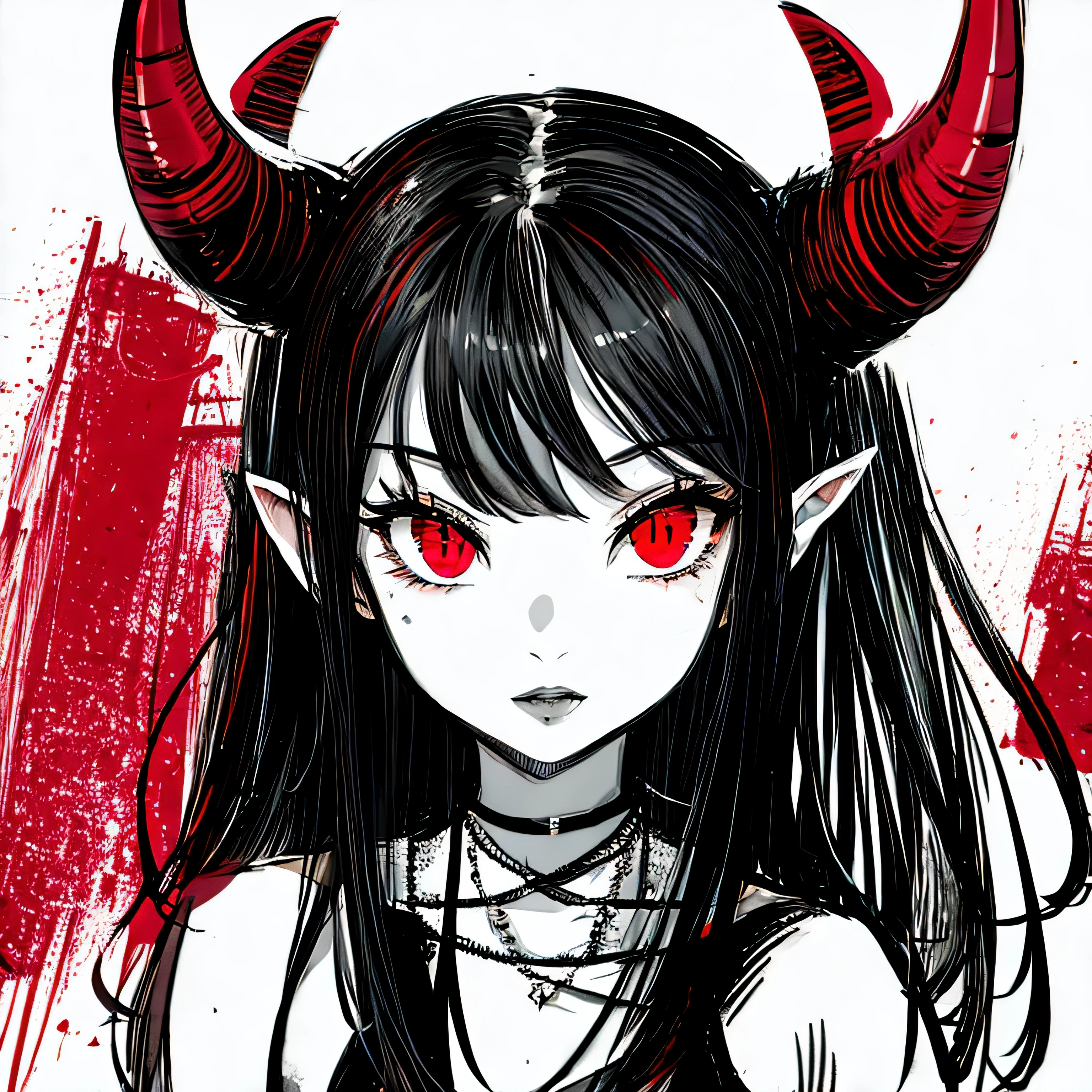 make a horror portrait of a devil horned girl with red eyes in black and white colors