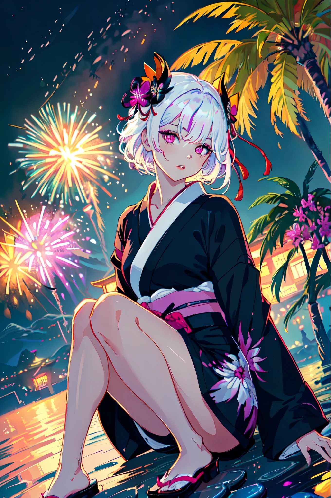 ((Masterpiece)), (Illustration), (((highest quality)), iridescent,
(((Beautiful detailed girl)), small breast, full body,
(delicate and pretty face), Lovestruck, (magenta eyes),
((floating_hair)), iridescent, white hair, beautiful white hair,
parted lips, yukata kimono, miniskirt yukata, black clothing, black yukata, black dress, black shirt
, beautiful landscape, night view, fireworks
2b, modeling shots,