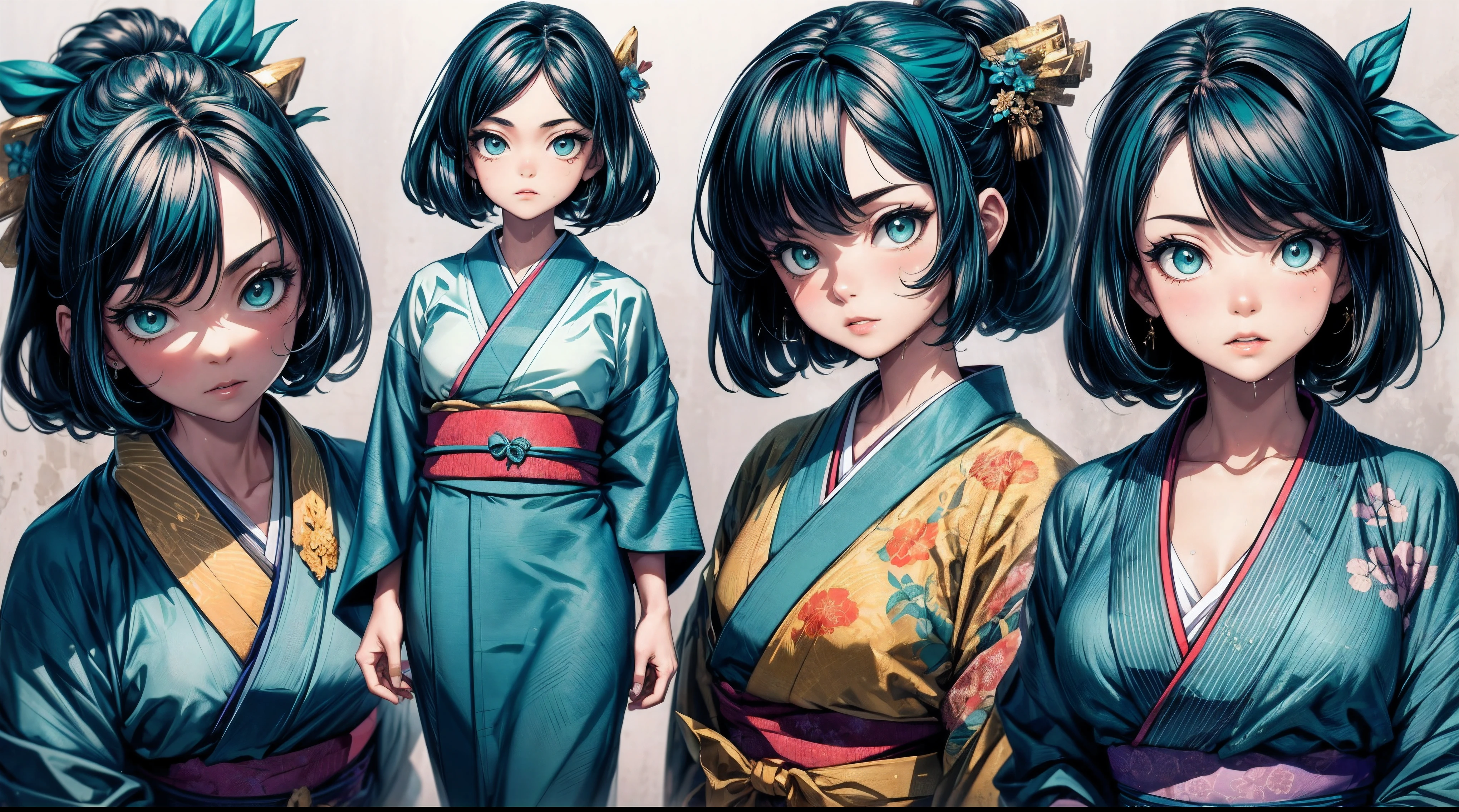 ((masterpiece, best quality)), Detailed face, Exquisite and beautiful eyes, character table, whole body, Anatomically correct body, 
1 girl, (A 7 year old girl:1.2), Very young little girl, black hair, hair accessories, thick hair, (Girl in teal cotton kimono:1.2), cotton kimono, cotton kimono, Wet cotton texture, Detailed texture, Colorful kimono, sash, The best wrinkles, real wrinkles, best shade, 
full of details, Various poses and expressions, Very detailed, depth, Many parts,8K resolution
