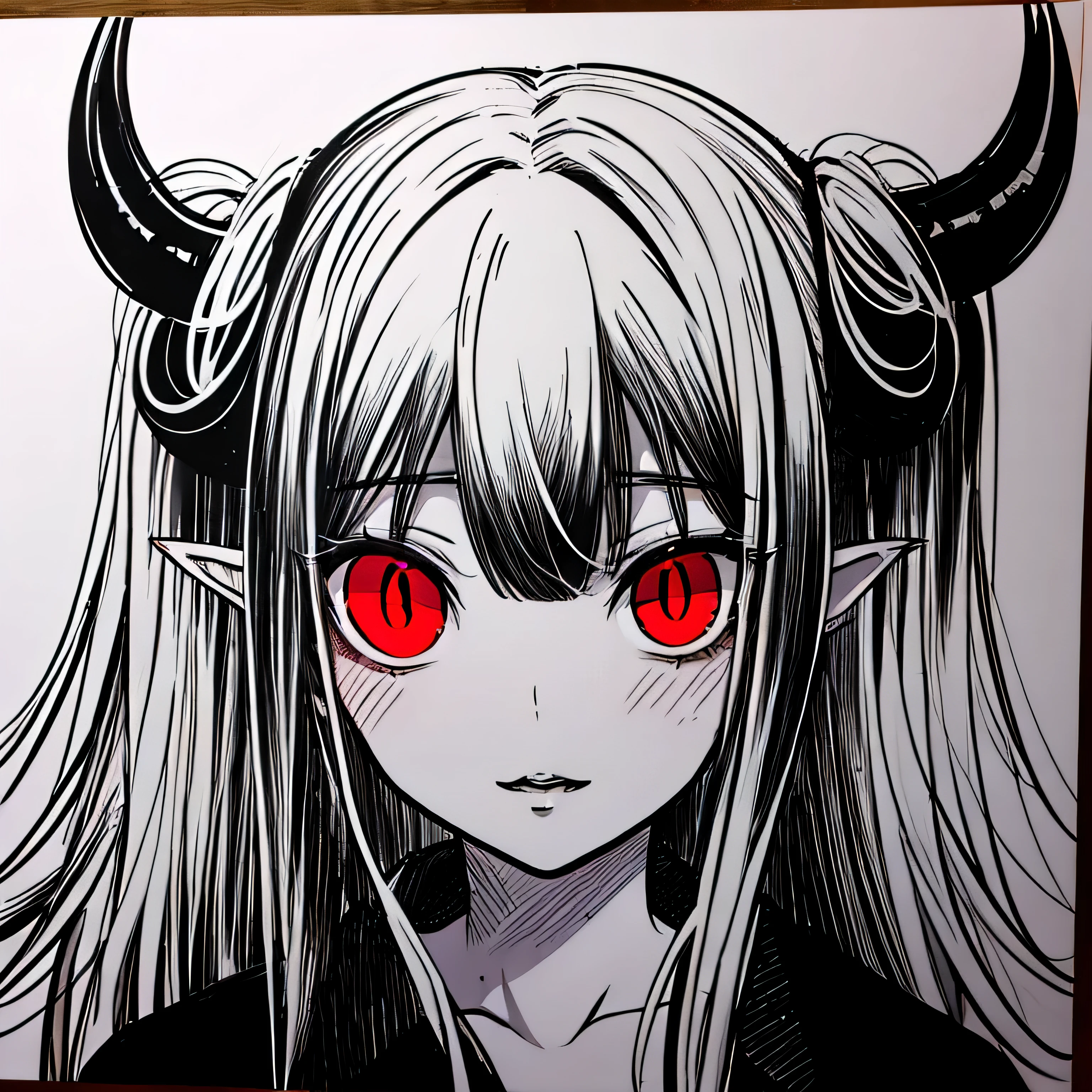 make a horror portrait of a devil horned girl with red eyes in black and white colors