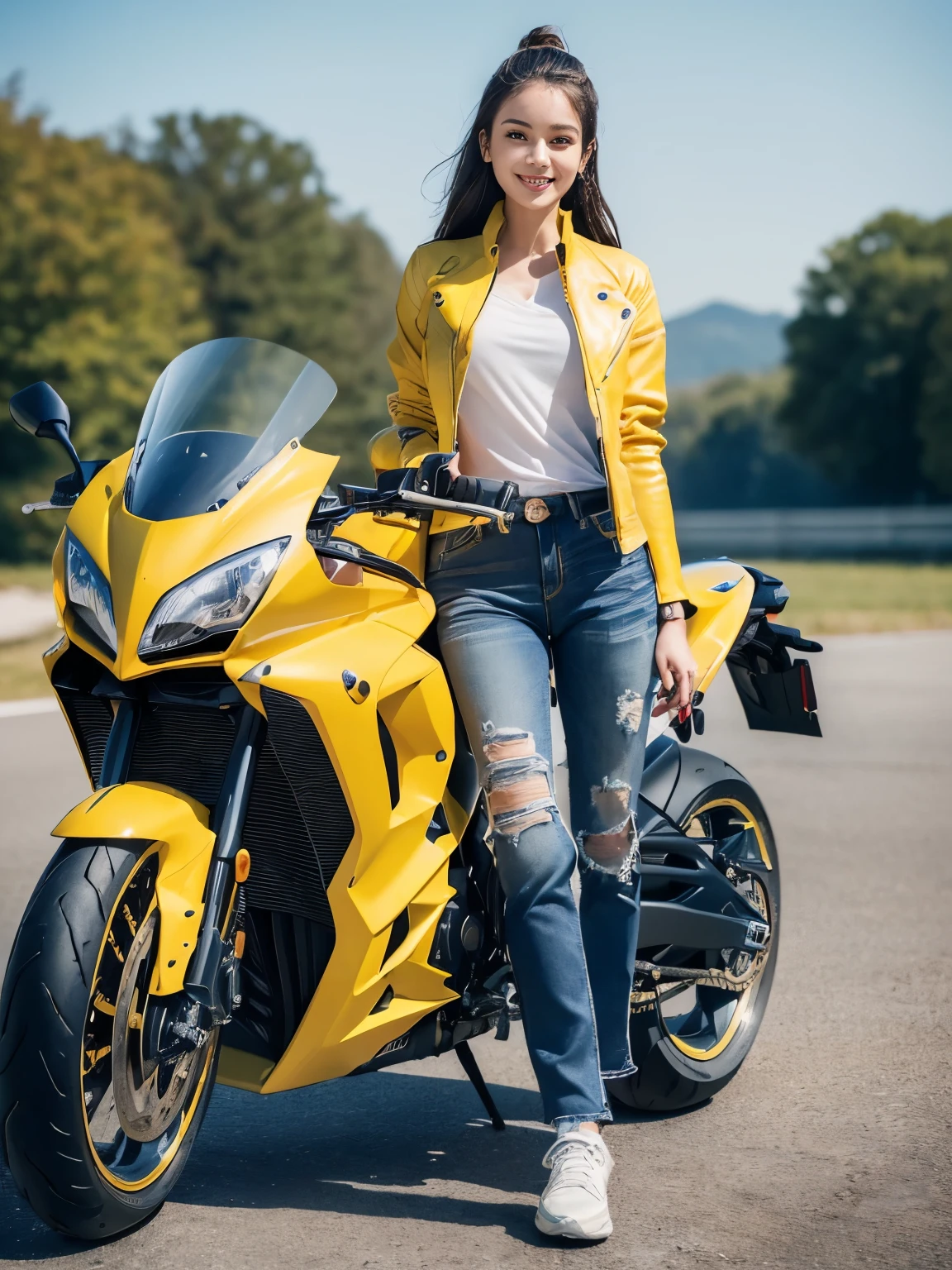 ((highest quality, 8K, masterpiece: 1.3)), sharp: 1.2, perfect body beauty: 1.4,(((Woman on motorcycle))),slender body,((yellow long sleeve motorcycle jacket and jeans)),Highly detailed face and skin texture,((full body shot)),Natural light,smile