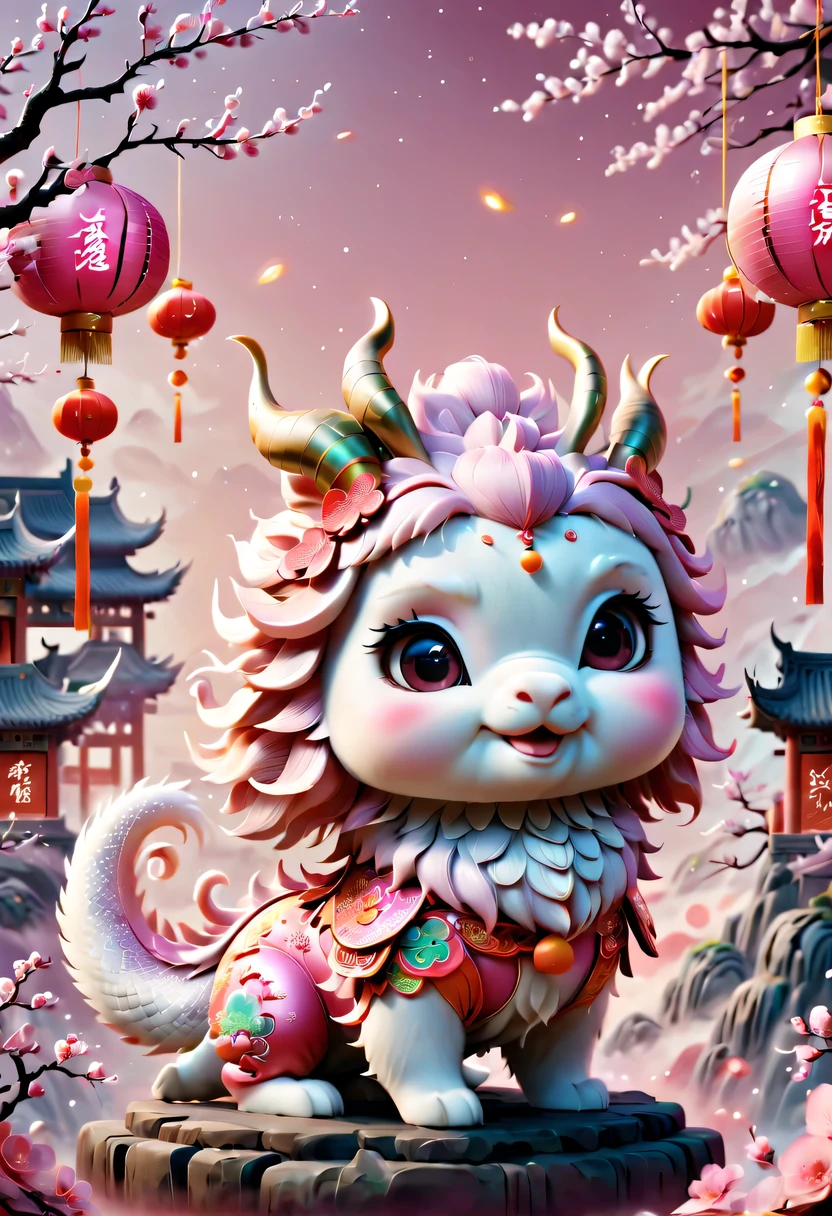 (masterpiece, best quality:1.2), Q version, 1只charming小龙, Chinese style, pink space, festive atmosphere, Spring Festival, charming鹿角, Chinese elements, cartoon, charming, Lively.