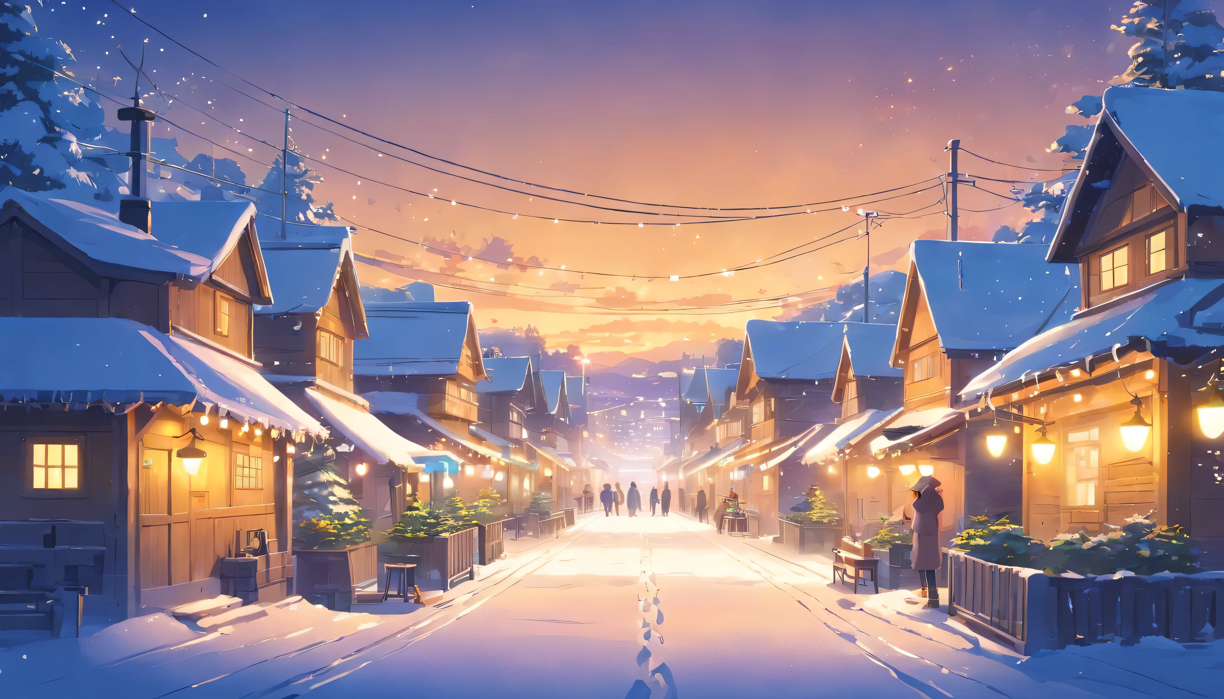 winter village, many snow, night, soft yellow light, high quality, mane details, 8k,