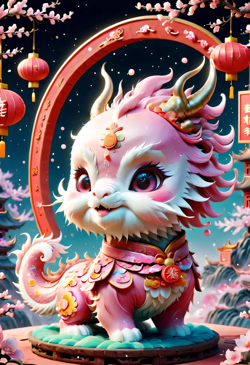 (masterpiece, best quality:1.2), Q version, 1只charming小龙, Chinese style, pink space, festive atmosphere, Spring Festival, charming鹿角, Chinese elements, cartoon, charming, Lively.