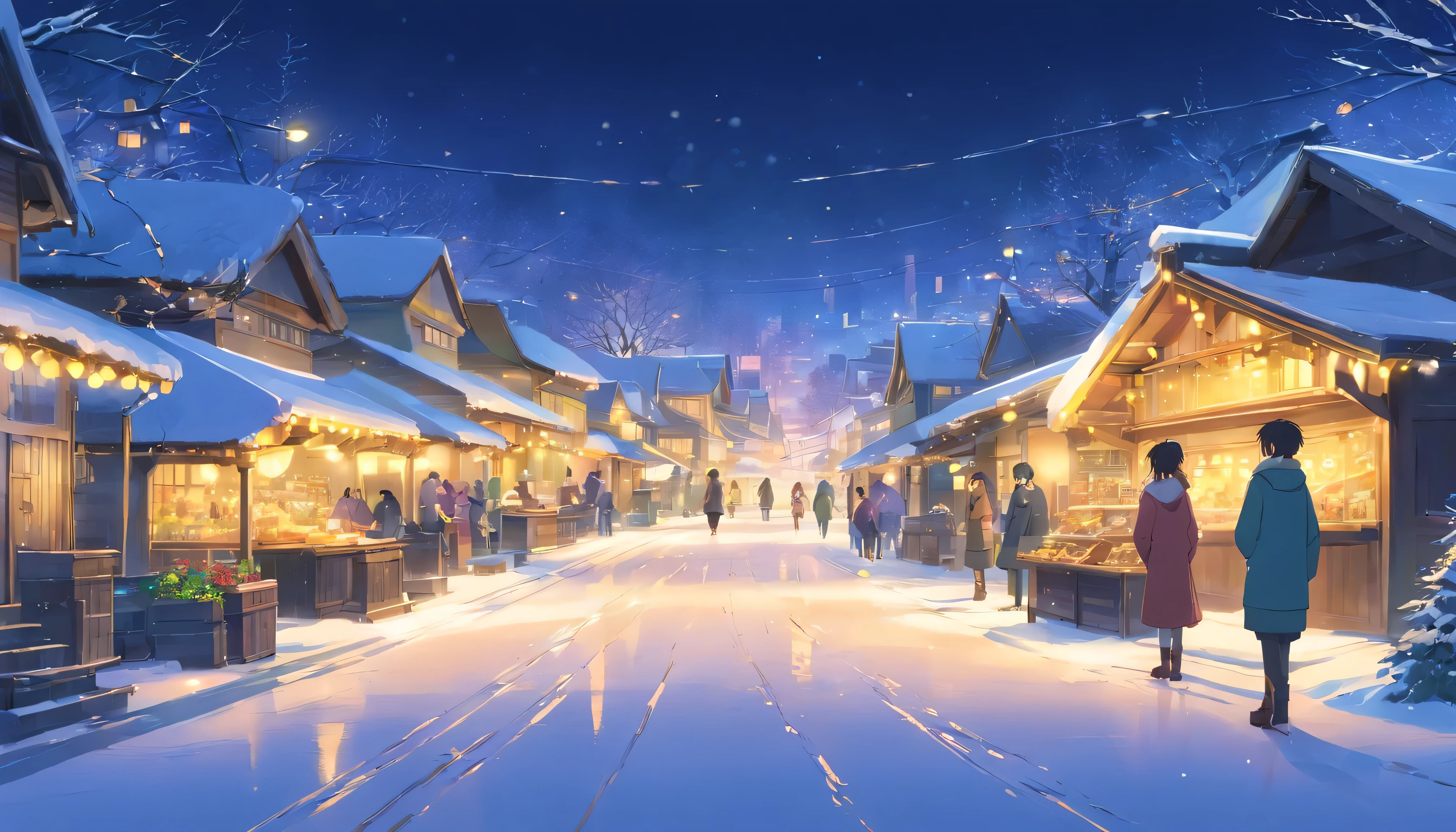 winter village, many snow, night, soft yellow light, high quality, mane details, 8k,
