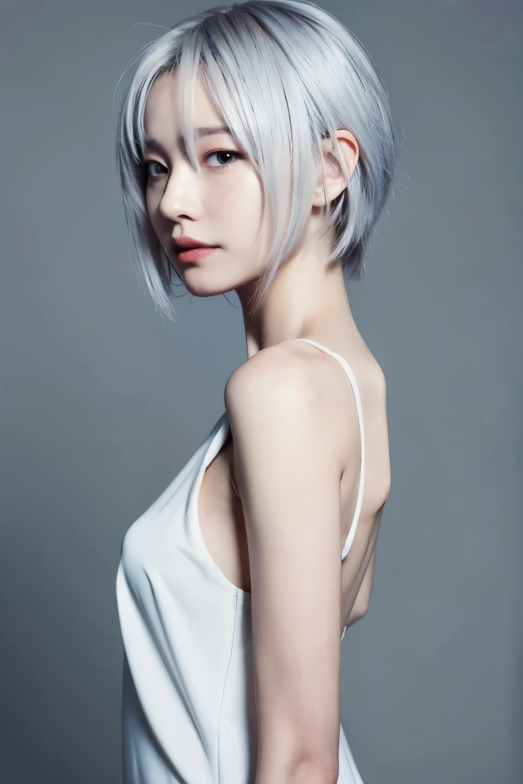 ((highest quality)), ((masterpiece)), (be familiar with), perfect face whole body silver hair front slender anime
