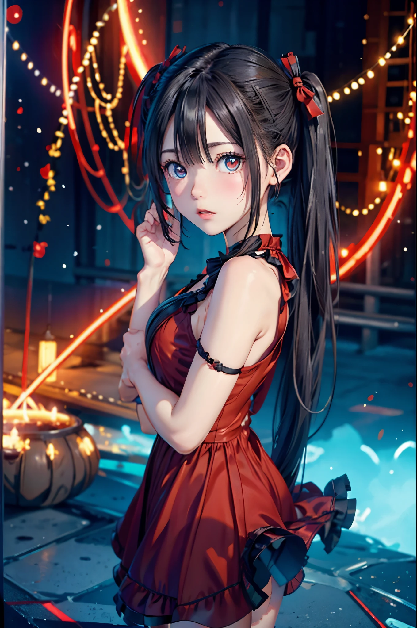 beautiful twins portrait, two beautiful girls, black pigtails, beautiful science fiction twins, twin tails, trending on cgstation, twin tails hairstyle, beautiful gemini, , Trending on cgstation, wlop and sakimichan, Gwaites style artwork、(((red dress、red eyes)))、(((white dress、blue eyes))),(((hug)))、red eyes、blue eyes
