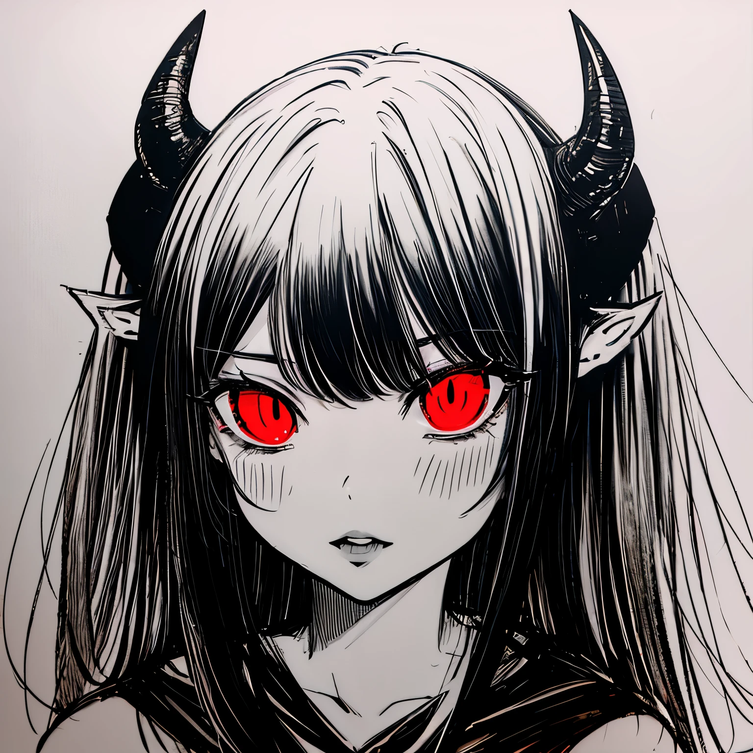 make a horror portrait of a devil horned girl with red eyes in black and white colors