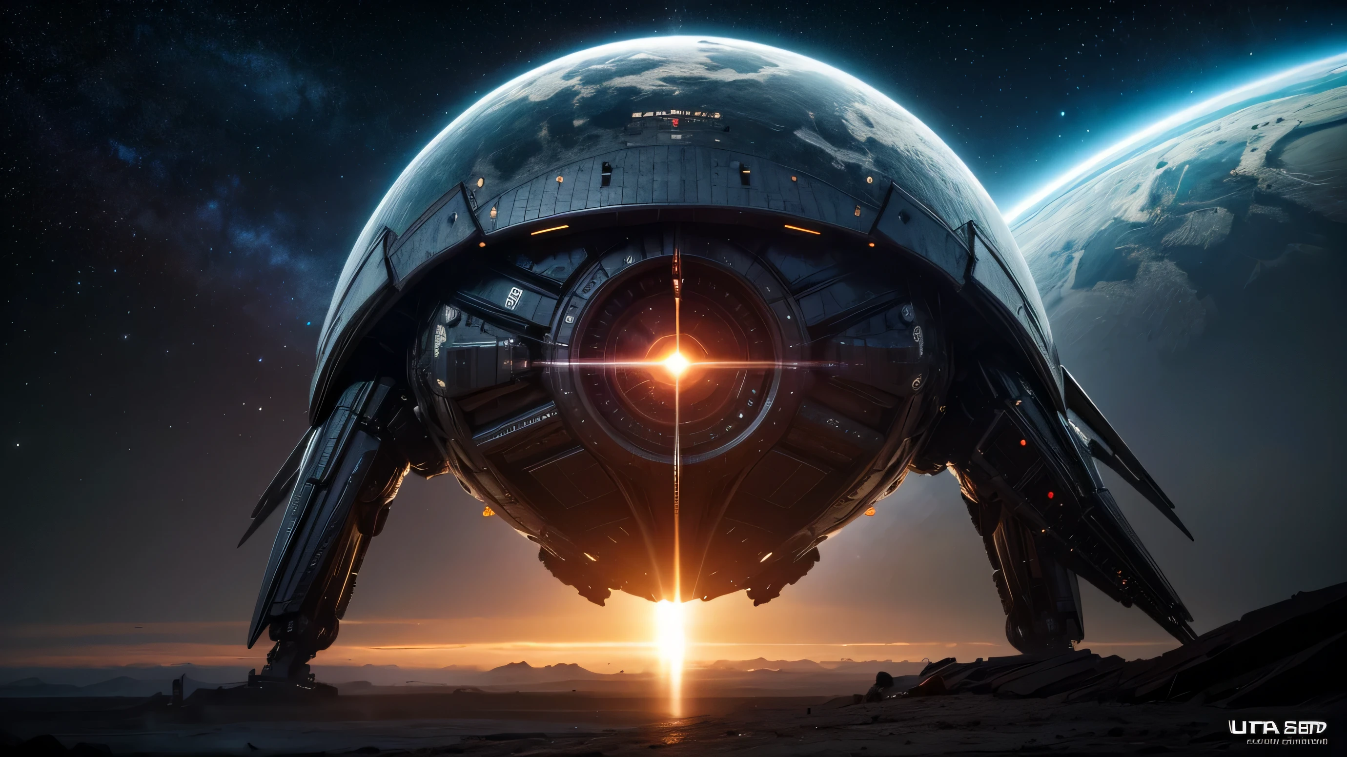 futuristic spaceship,sharp detail,more flare,cinamatic still,raw file,8k res, opening portal,more detailed, alien spaceship,ultra high definition,realistic image, armed with futuristic gun, stars and planet background